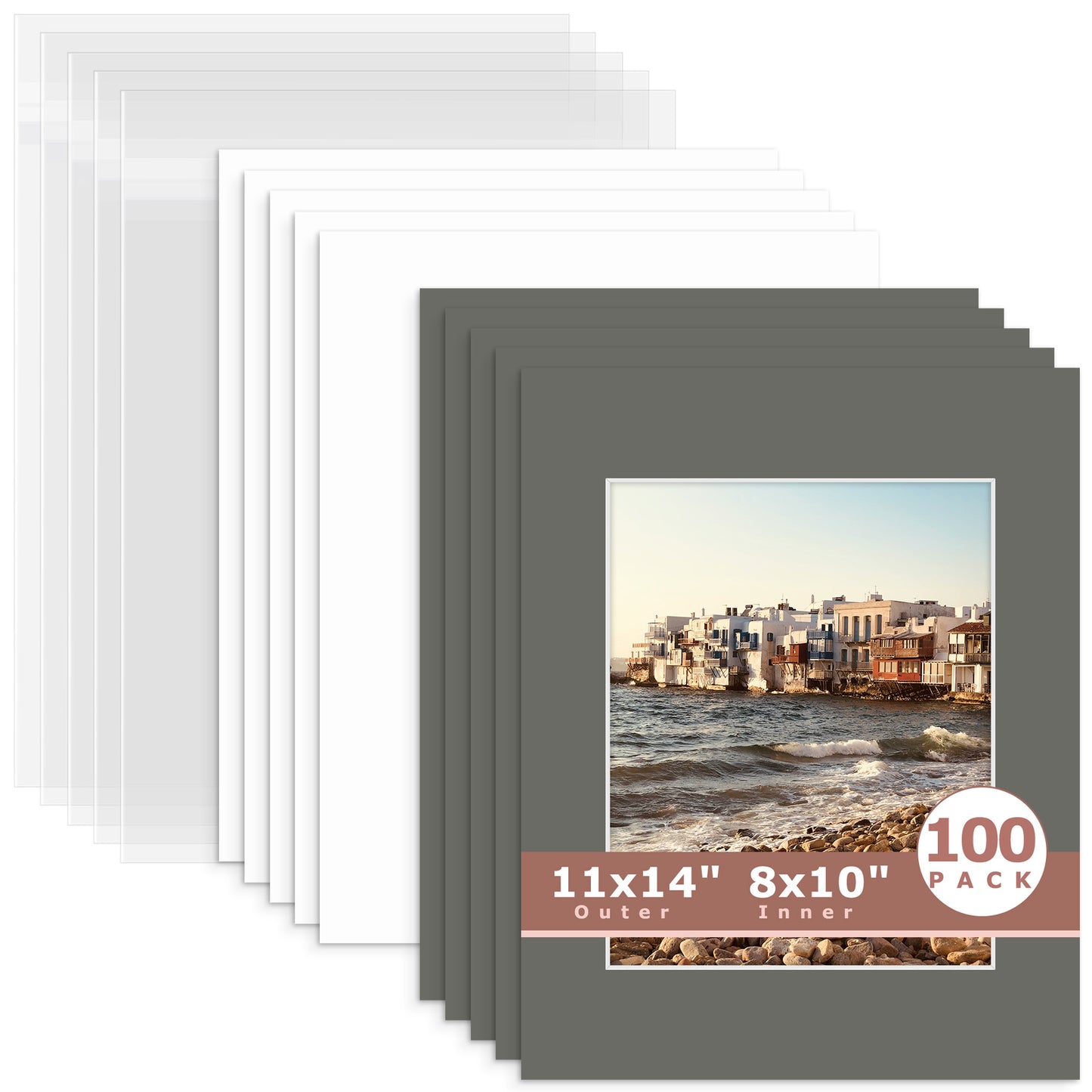 100 Pack 11x14 Whitecore Pre-Cut Mat Board + Backing + Bag 8x10 (7.5x9.5 exact opening) N171 Gray