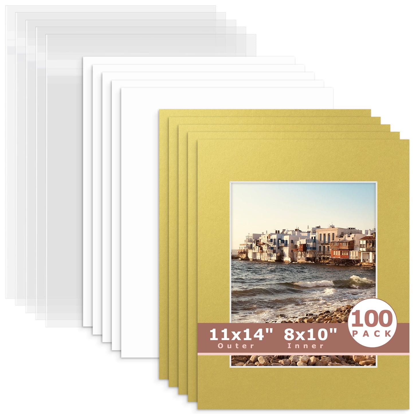 100 Pack 11x14 Whitecore Pre-Cut Mat Board + Backing + Bag 8x10 (7.5x9.5 exact opening) N143 Old Gold