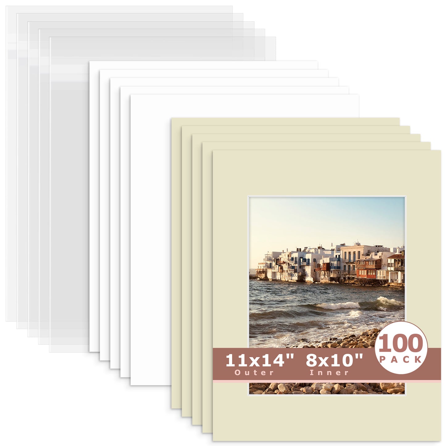 100 Pack 11x14 Whitecore Pre-Cut Mat Board + Backing + Bag 8x10 (7.5x9.5 exact opening) N120 Light Gray