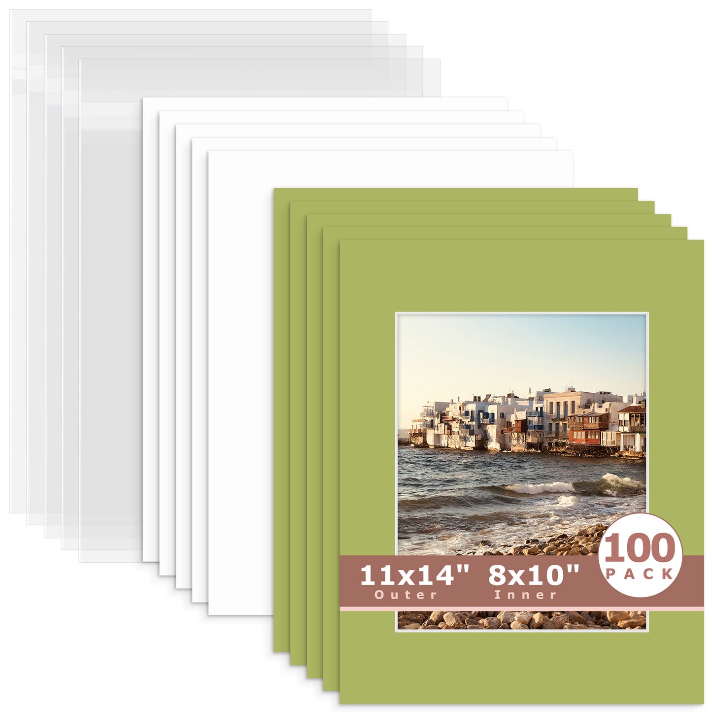 100 Pack 11x14 Whitecore Pre-Cut Mat Board + Backing + Bag 8x10 (7.5x9.5 exact opening) N163 Organic Green
