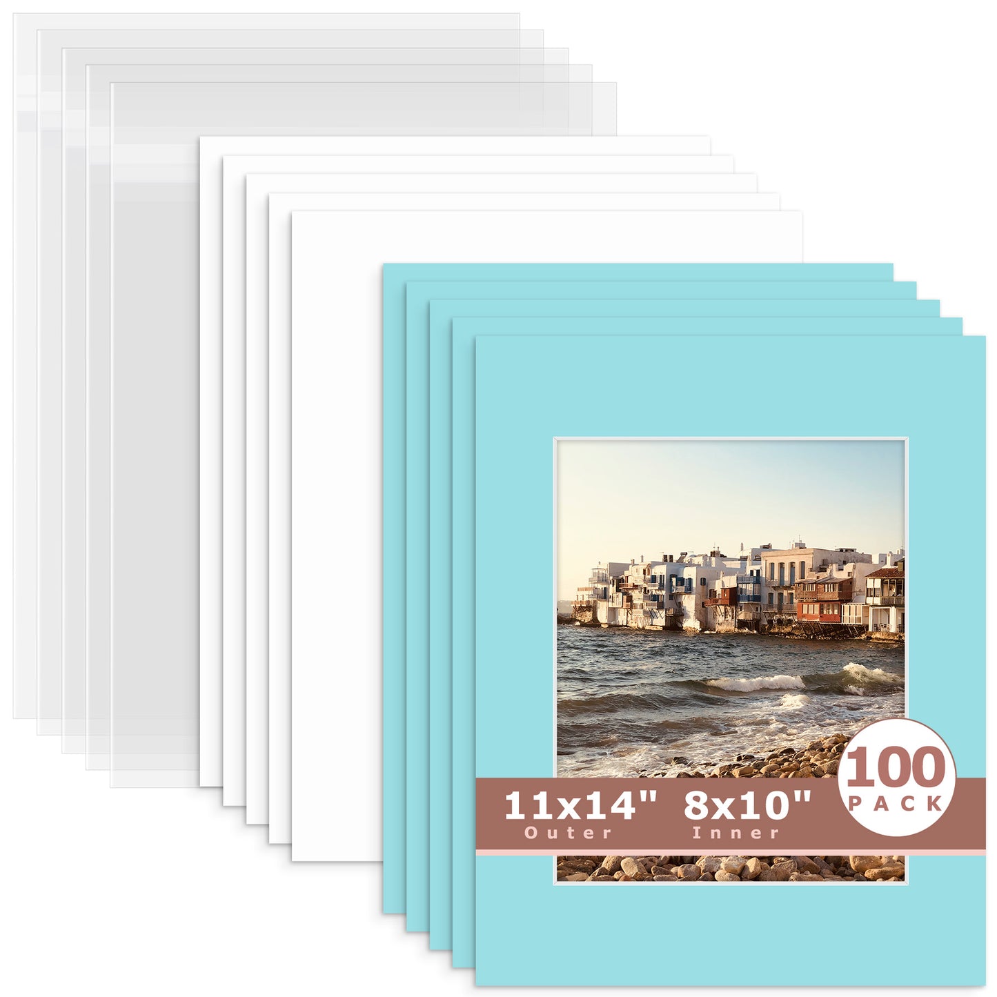 100 Pack 11x14 Whitecore Pre-Cut Mat Board + Backing + Bag 8x10 (7.5x9.5 exact opening) N222 Deep Blue