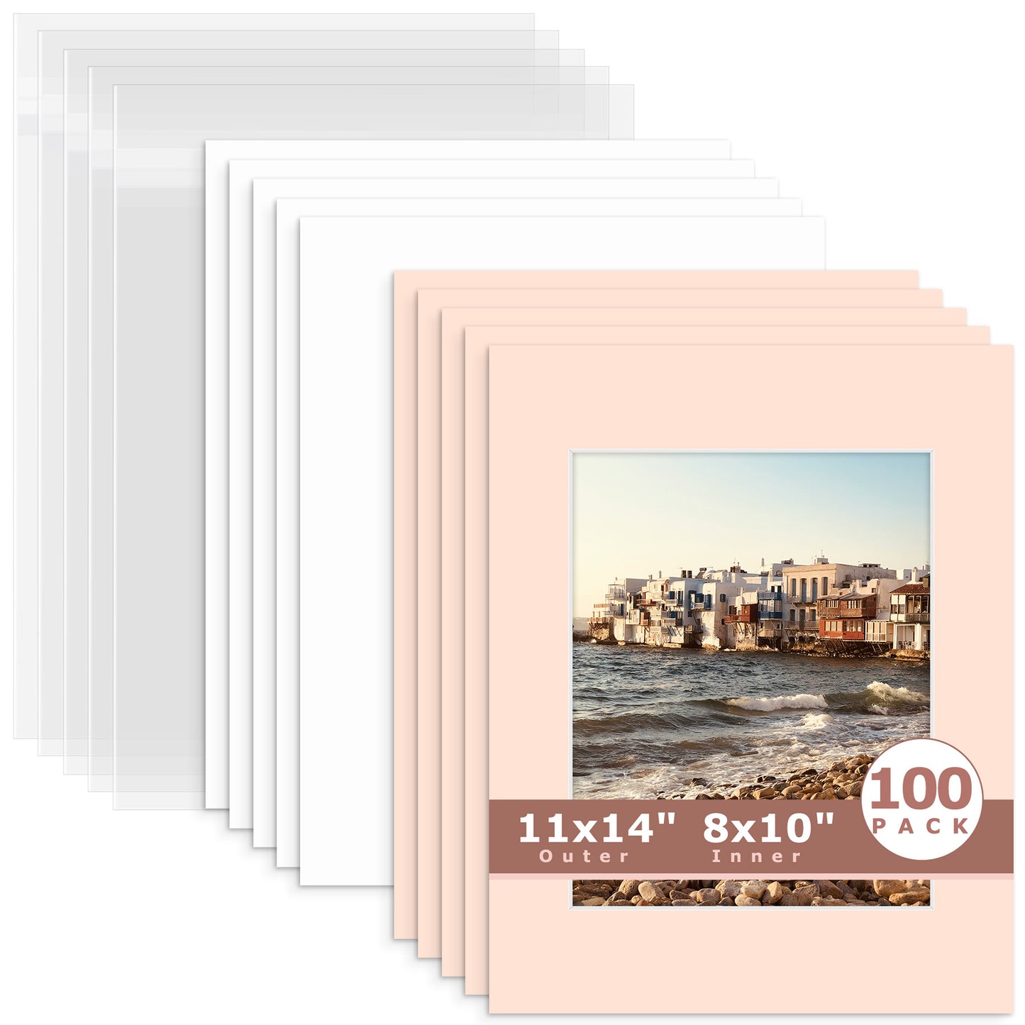 100 Pack 11x14 Whitecore Pre-Cut Mat Board + Backing + Bag 8x10 (7.5x9.5 exact opening) N229 Pink