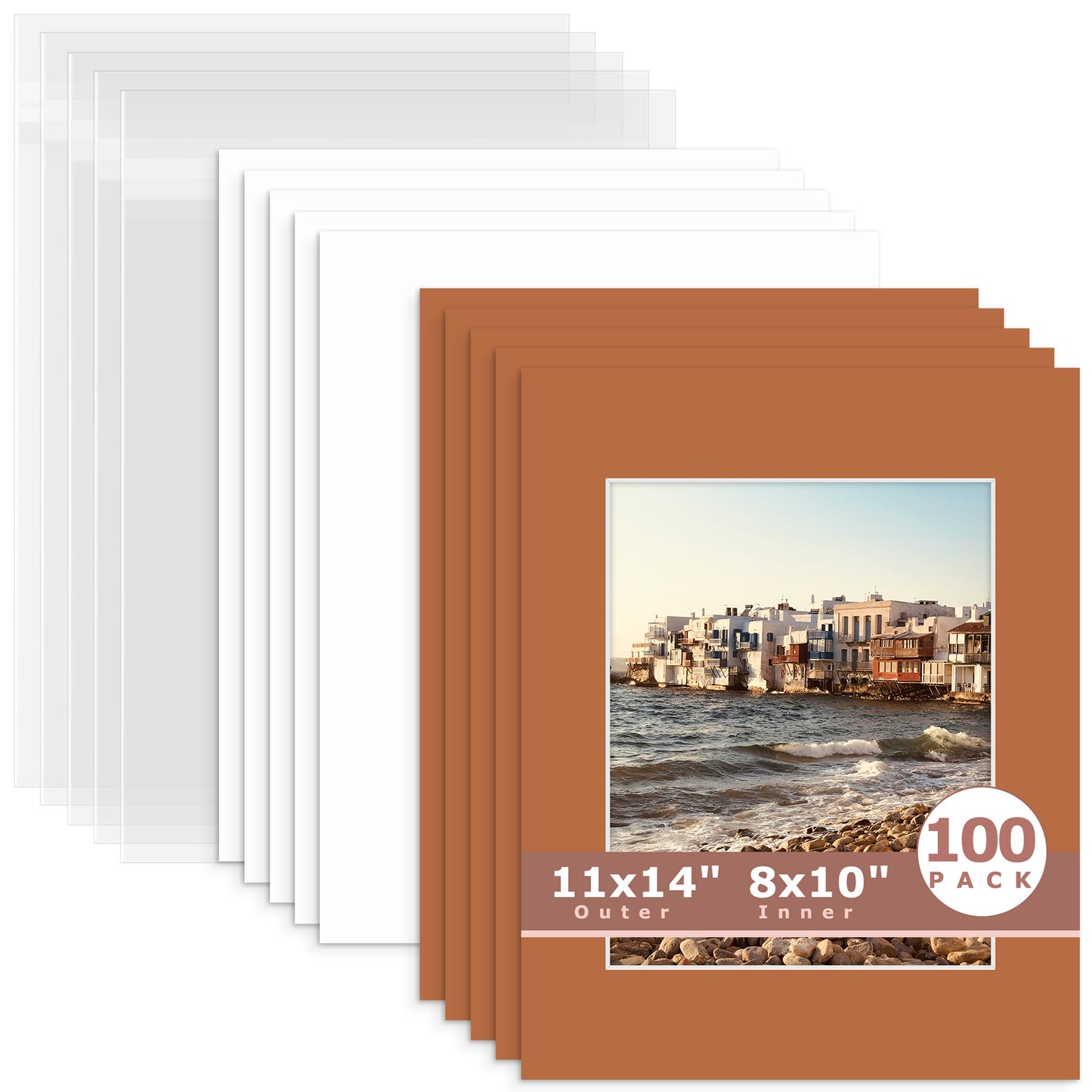 100 Pack 11x14 Whitecore Pre-Cut Mat Board + Backing + Bag 8x10 (7.5x9.5 exact opening) N145 Earth