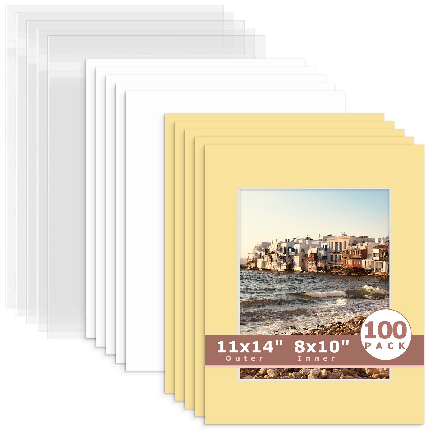 100 Pack 11x14 Whitecore Pre-Cut Mat Board + Backing + Bag 8x10 (7.5x9.5 exact opening) N157 Compatible Beige