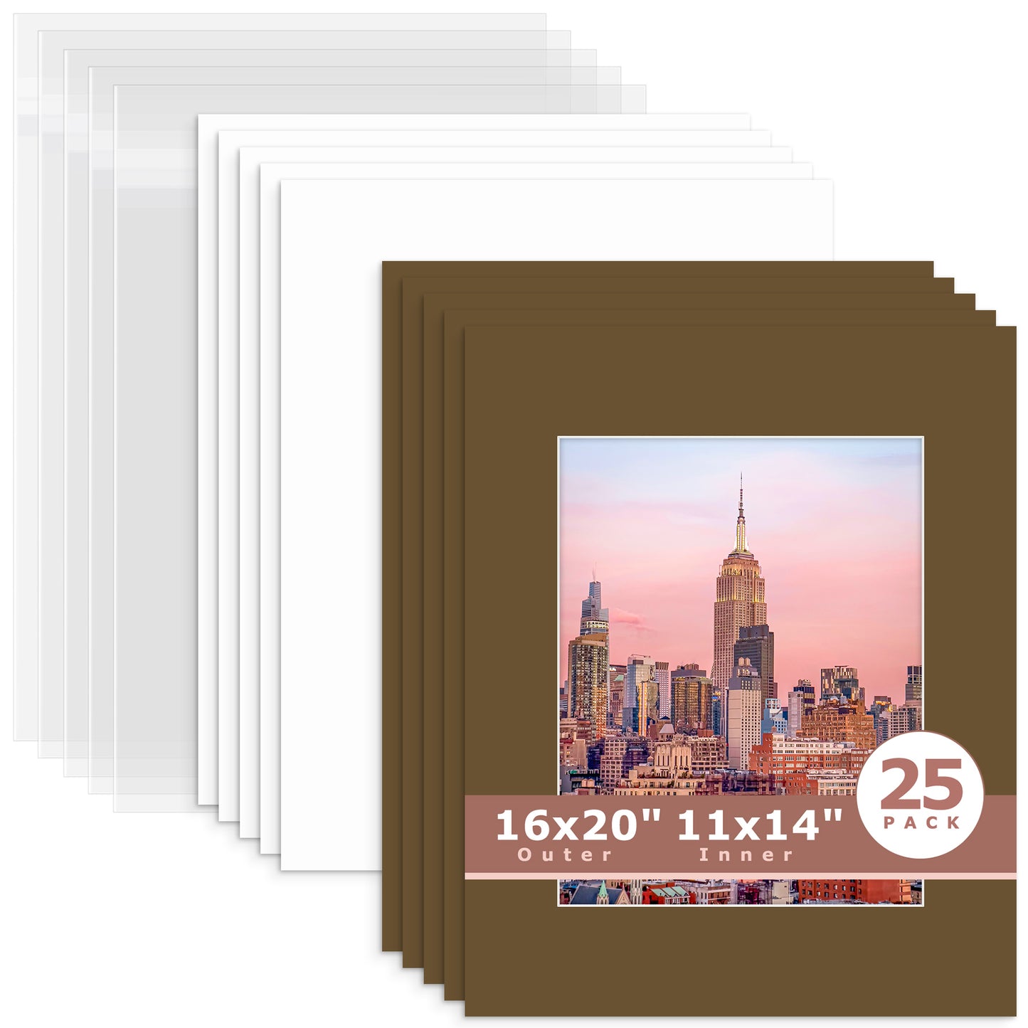 25 Pack 16x20 Whitecore Economy Pre-Cut Mat + Backing + Bag 11x14 (exact opening 10.5x13.5) N162 Java