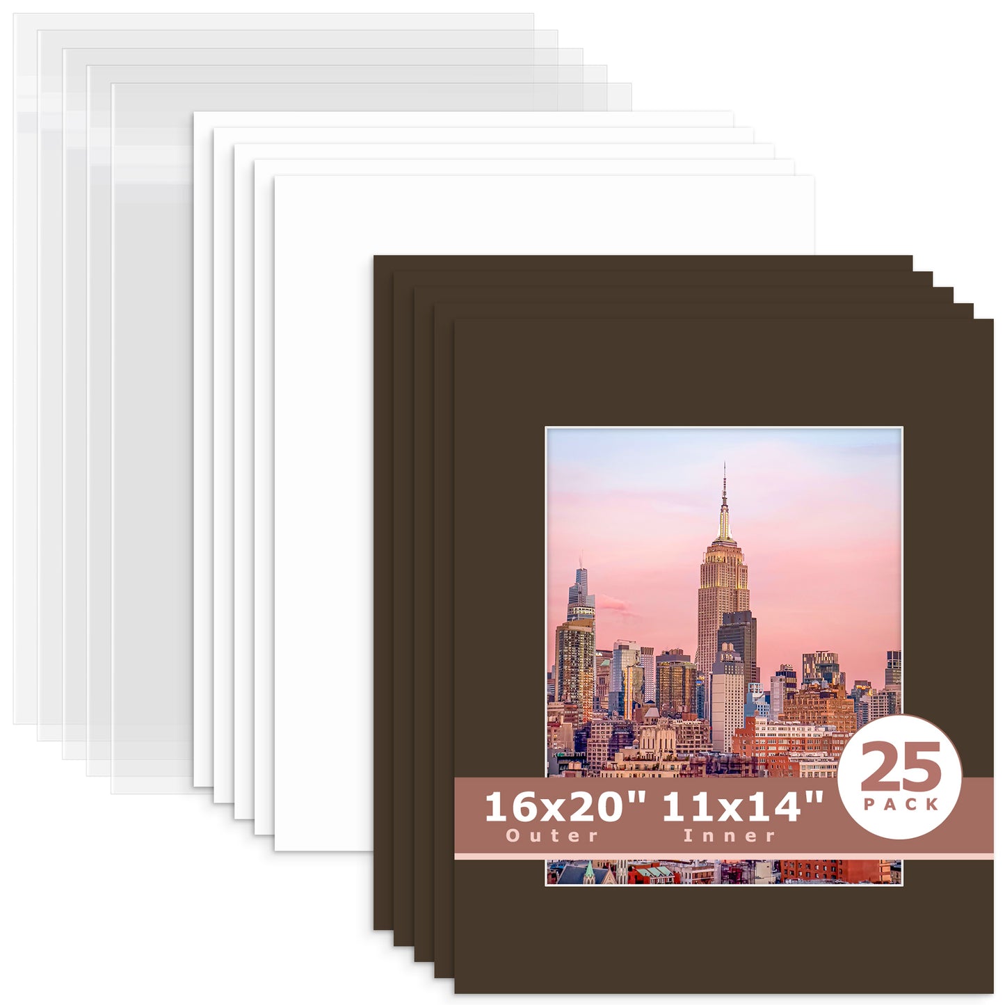 25 Pack 16x20 Whitecore Economy Pre-Cut Mat + Backing + Bag 11x14 (exact opening 10.5x13.5) N148 Well-Bred Brown
