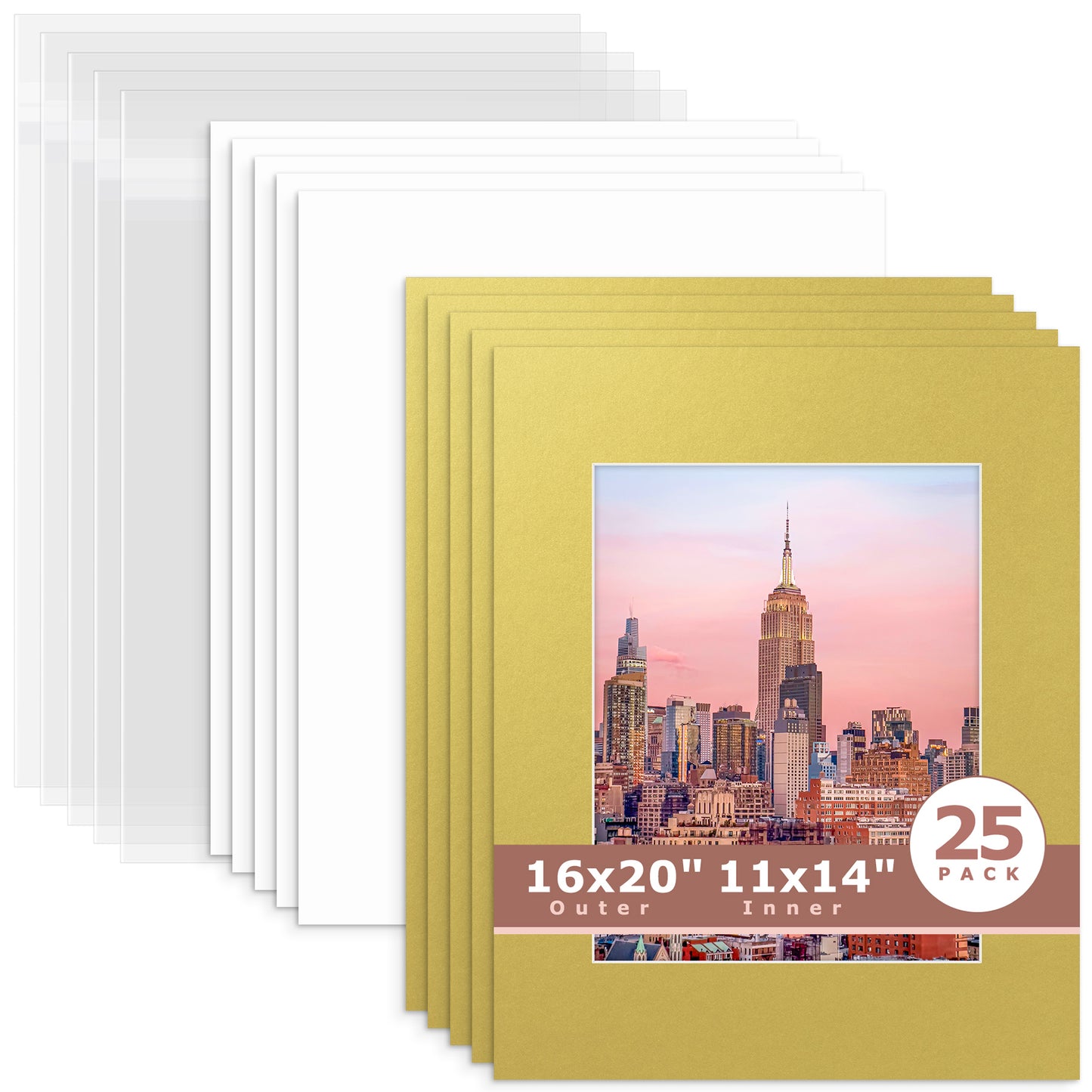 25 Pack 16x20 Whitecore Economy Pre-Cut Mat + Backing + Bag 11x14 (exact opening 10.5x13.5) N143 Old Gold