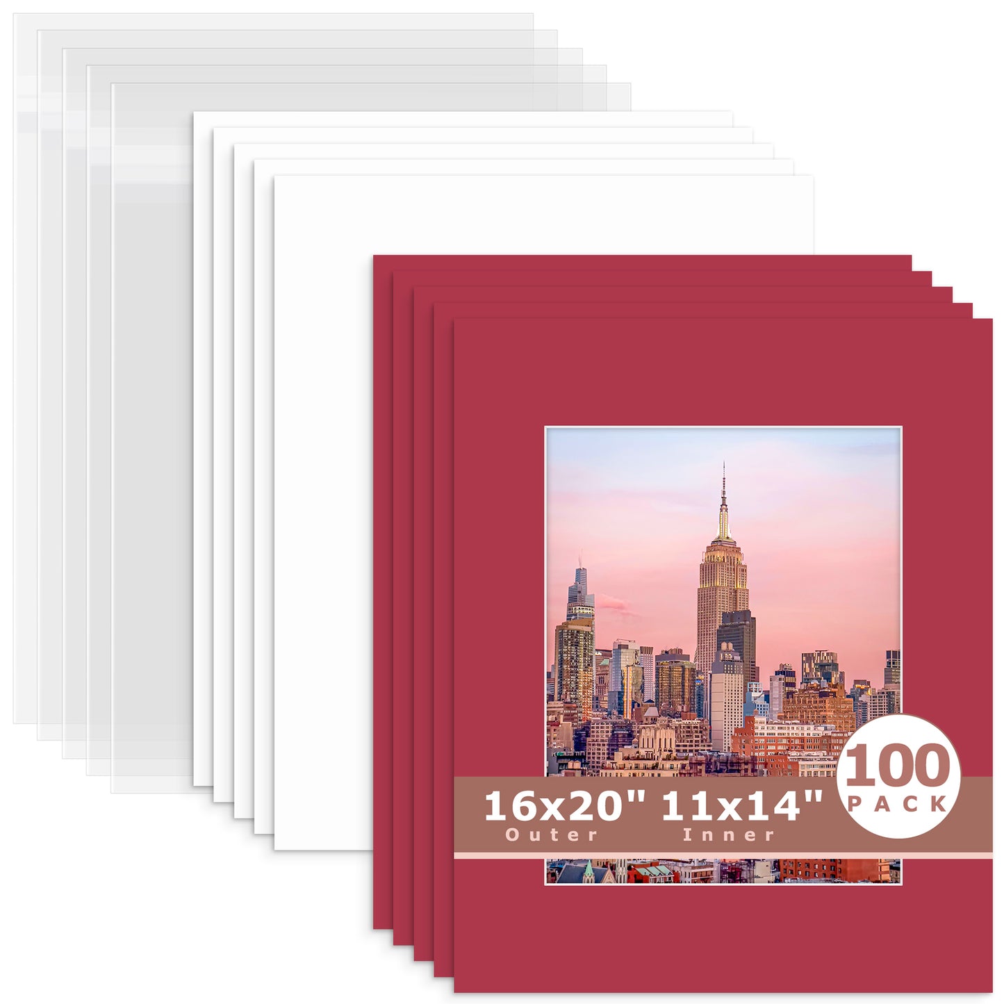 100 Pack 16x20 Whitecore Economy Pre-Cut Mat + Backing + Bag 11x14 (exact opening 10.5x13.5) N117 China Red