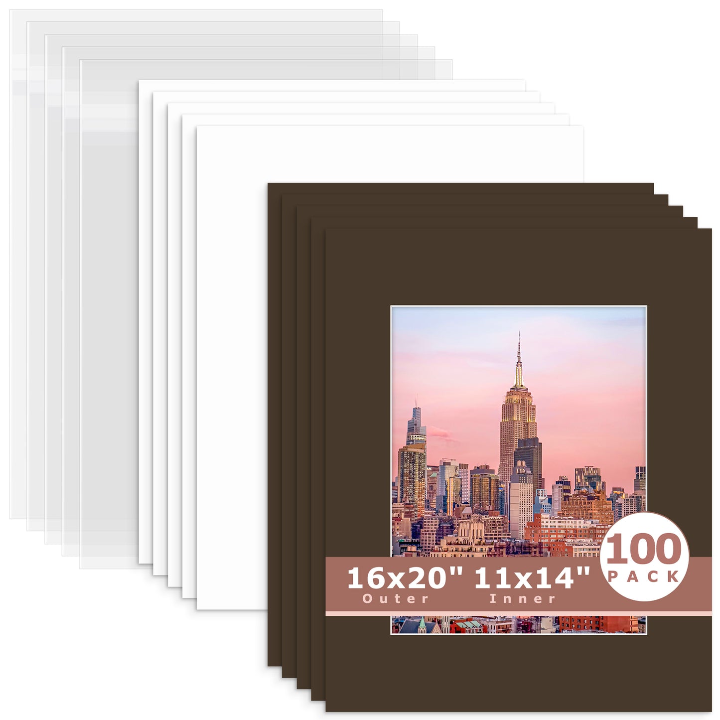 100 Pack 16x20 Whitecore Economy Pre-Cut Mat + Backing + Bag 11x14 (exact opening 10.5x13.5) N148 Well-Bred Brown