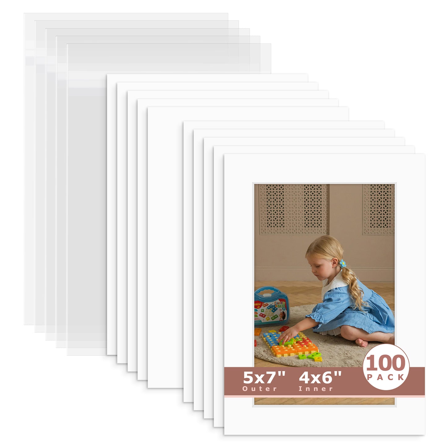 100 Pack 5x7 Whitecore Economy Pre-Cut Mat For 4x6 Picture + Backing + Bag N502 Off White