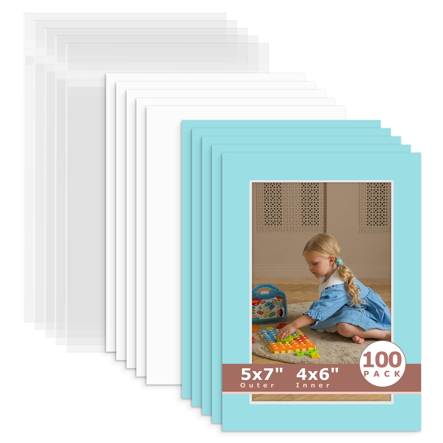 100 Pack 5x7 Whitecore Economy Pre-Cut Mat For 4x6 Picture + Backing + Bag N222 Deep Blue