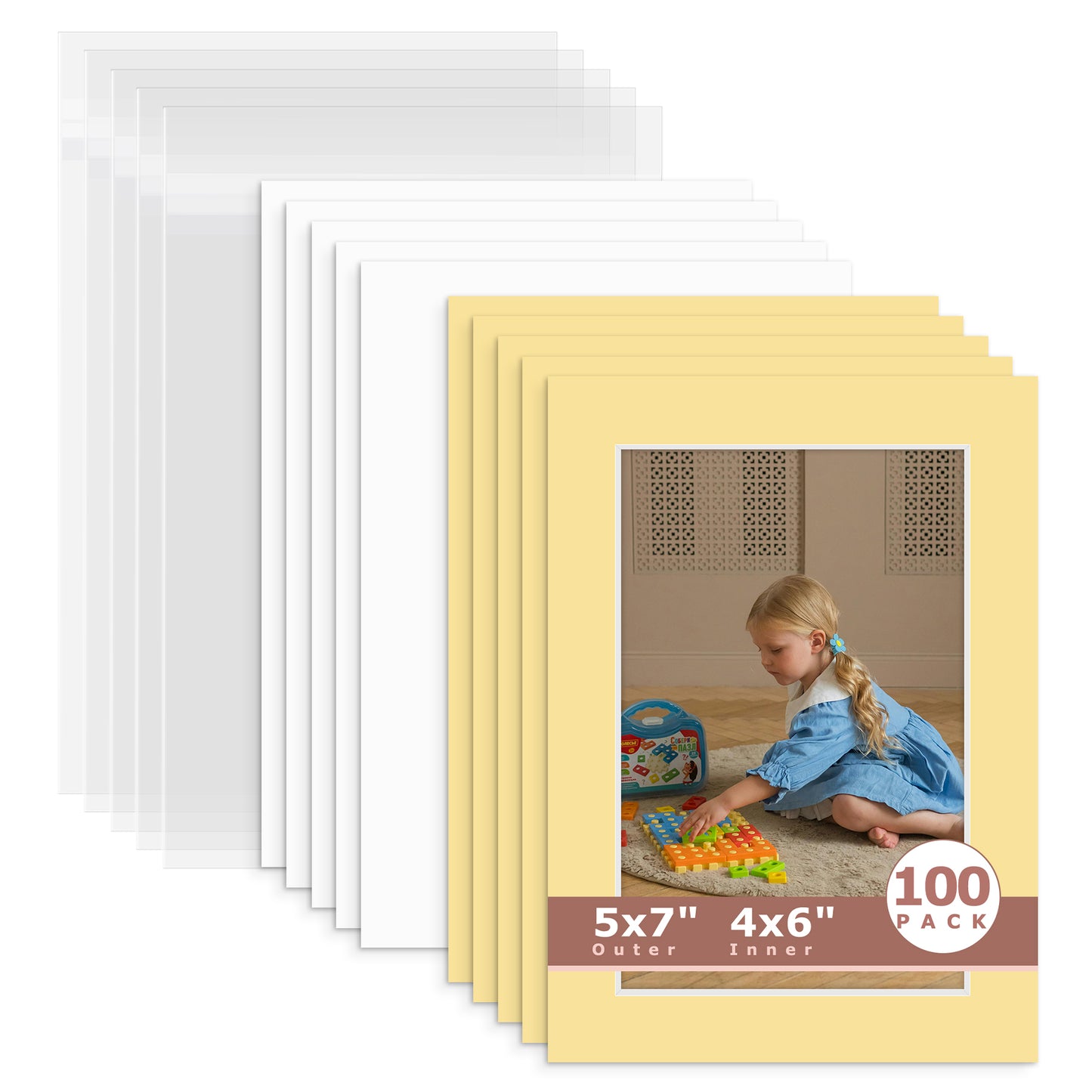 100 Pack 5x7 Whitecore Economy Pre-Cut Mat For 4x6 Picture + Backing + Bag N157 Compatible Beige