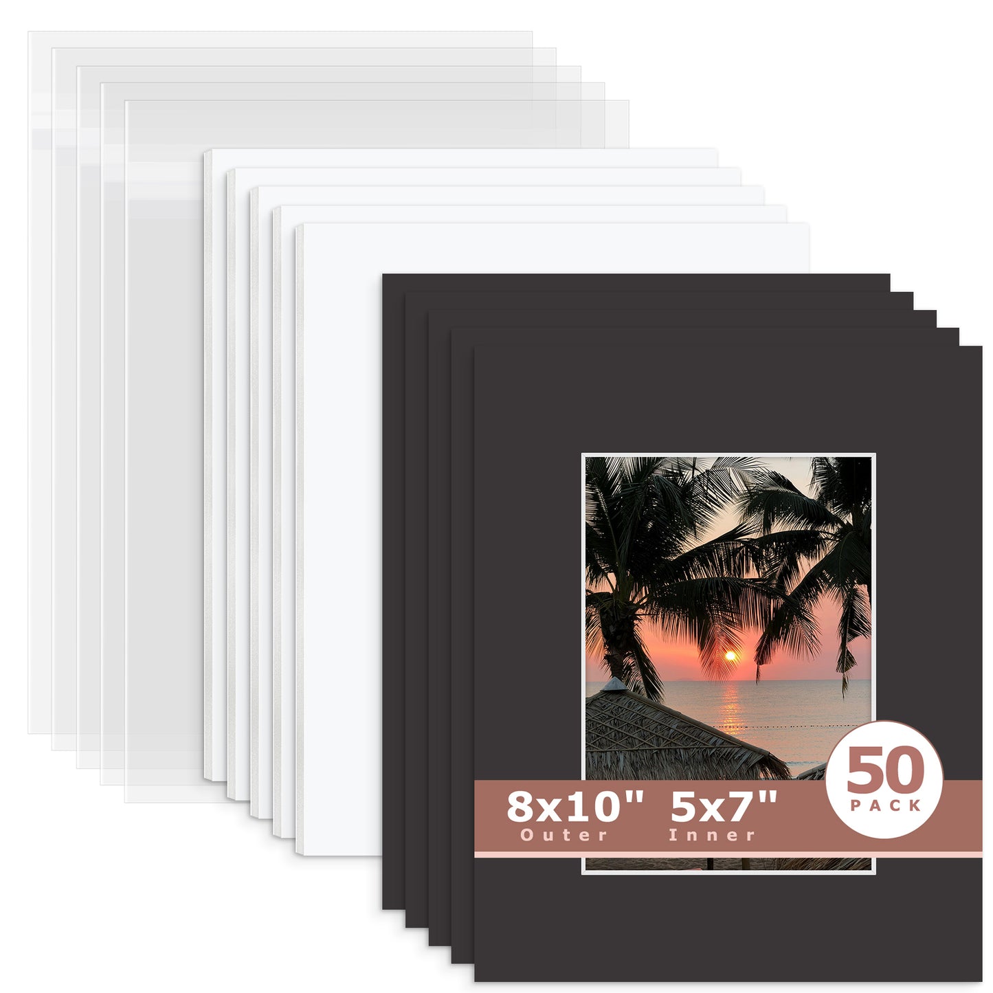 50 Pack 8x10 Economy Pre-Cut Mat Board + White Foam Board + Bag 5x7 (4.5x6.5 exact opening) N142 Tricom Black