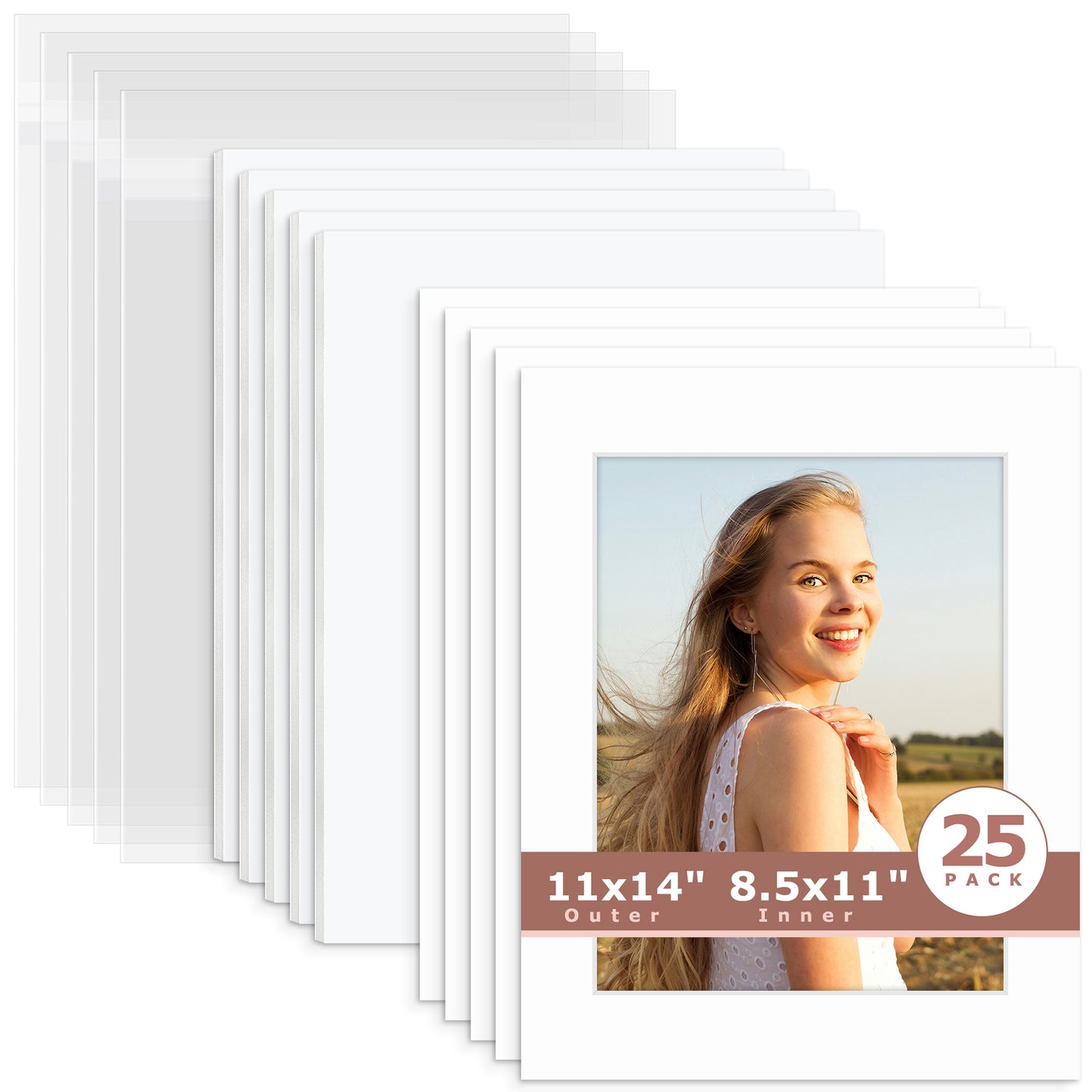 25 Pack 11x14 Whitecore Pre-Cut Mat Board + White Foam Board + Bag 8.5x11 (8x10.5 exact opening) N501 White