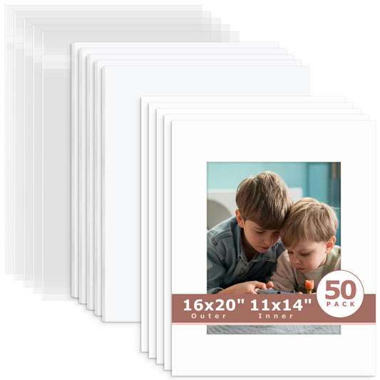 50 Pack 16x20 Whitecore Economy Pre-Cut Mat + White Foam Board + Bag 11x14 (exact opening 10.5x13.5) N501 White