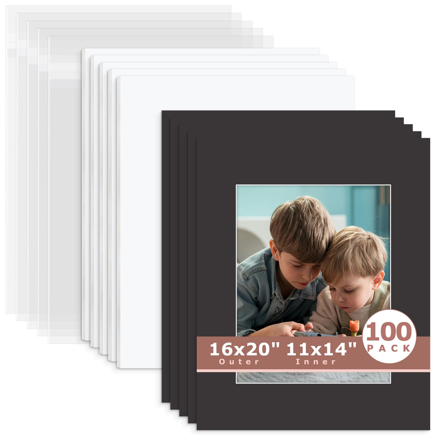 100 Pack 16x20 Whitecore Economy Pre-Cut Mat + White Foam Board + Bag 11x14 (exact opening 10.5x13.5) N142 Tricom Black