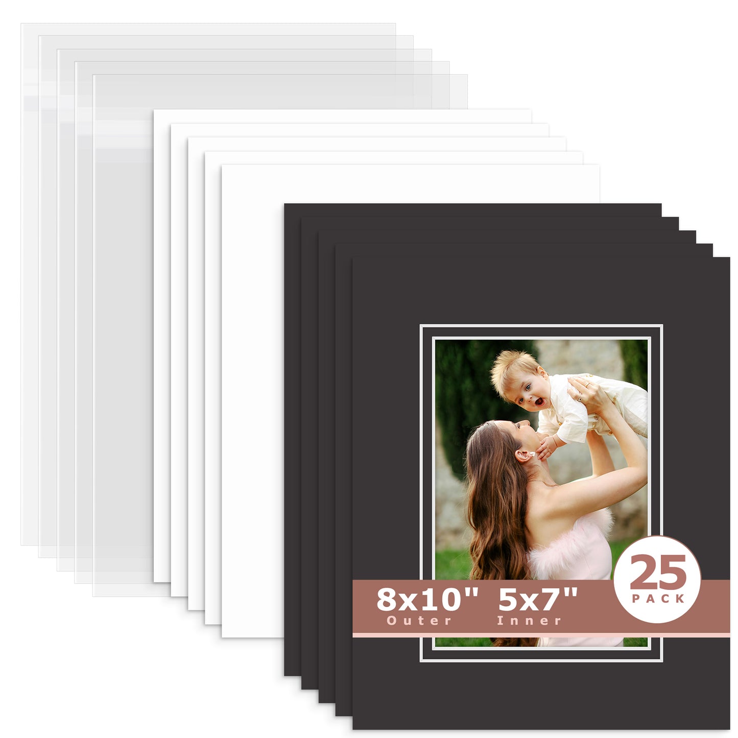 25 Pack 8x10 Double Mat For 5x7 Photos + Backing + Bag Black Black