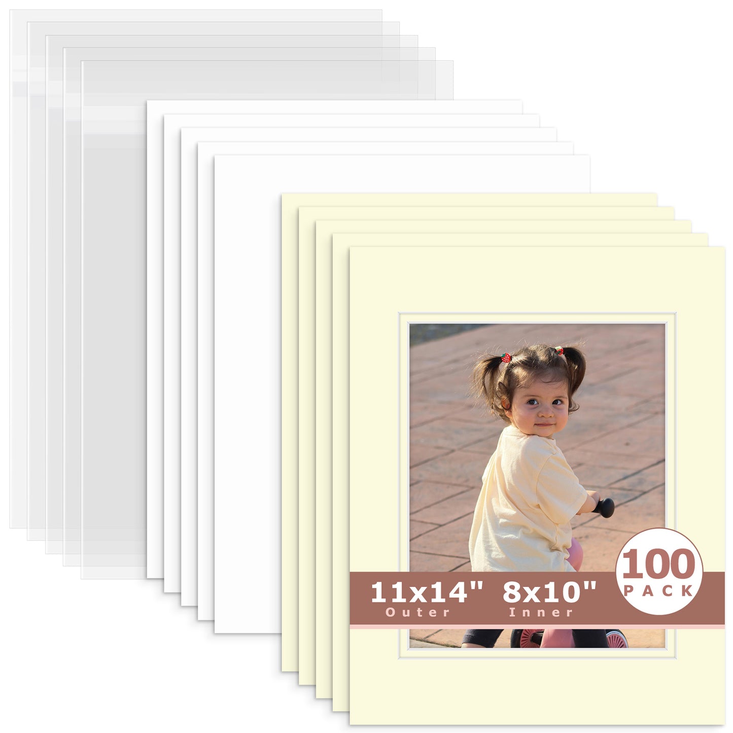 100 Pack 11x14 Double Mat For 8x10 Photos + Backing + Bag Ivory Ivory