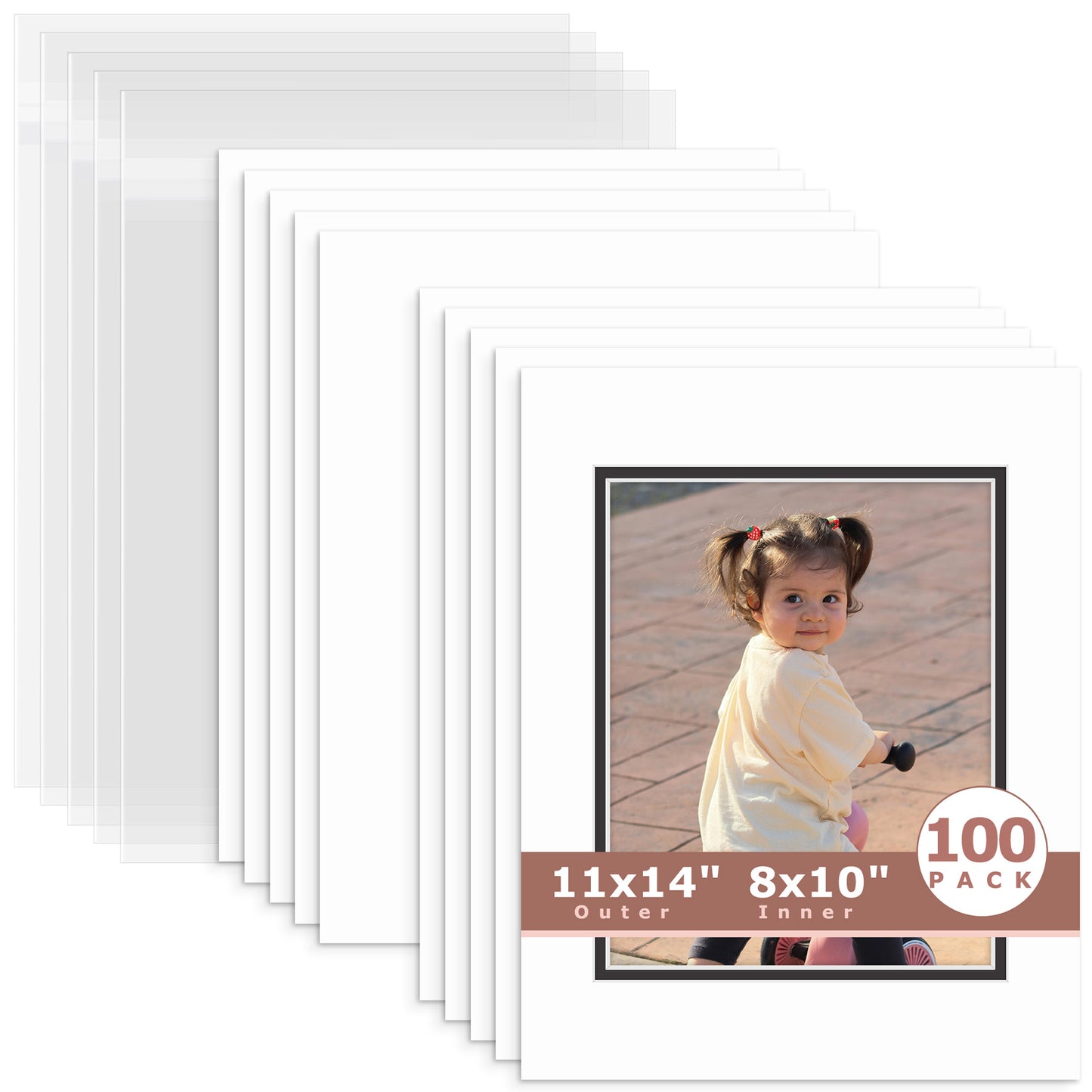 100 Pack 11x14 Double Mat For 8x10 Photos + Backing + Bag White Black