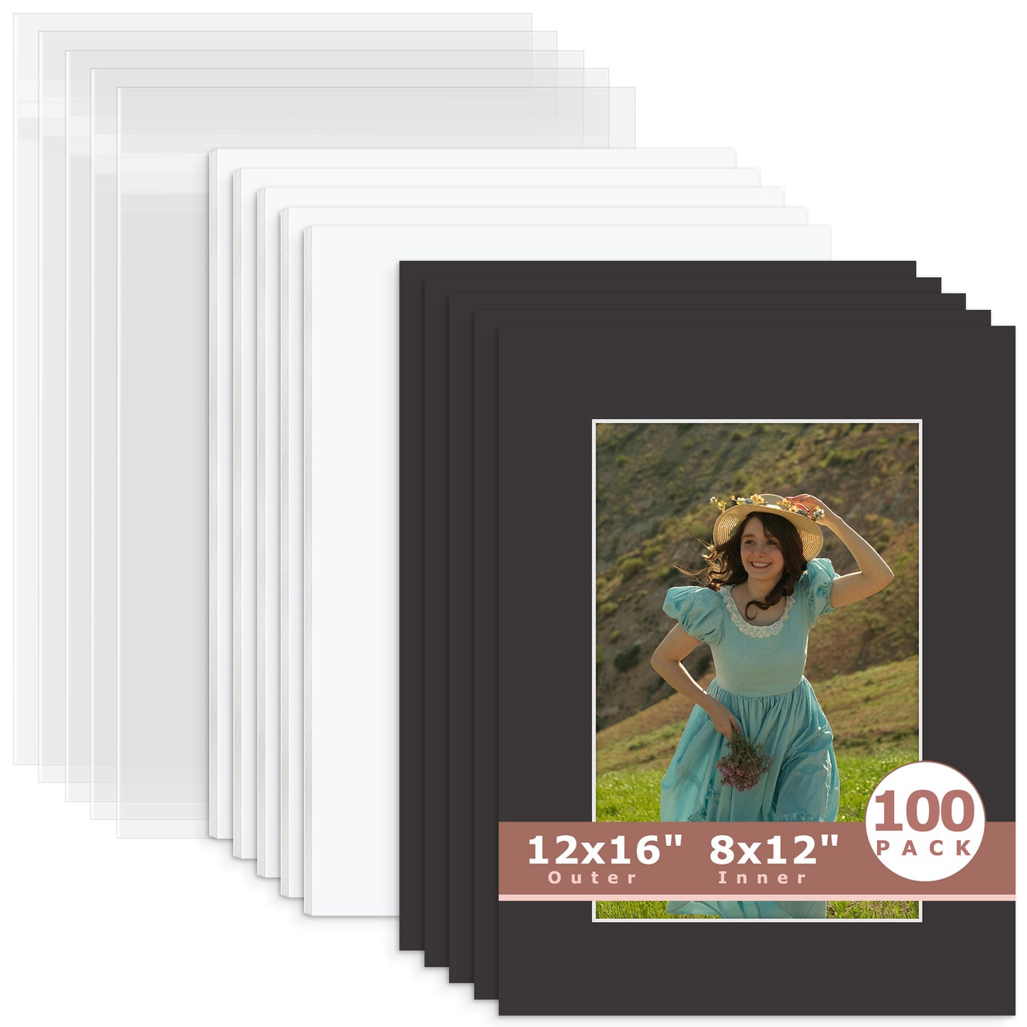 100 Pack 12x16 Picture Mats For 8x12 Photos + White Foam Board + Bag N142 Black