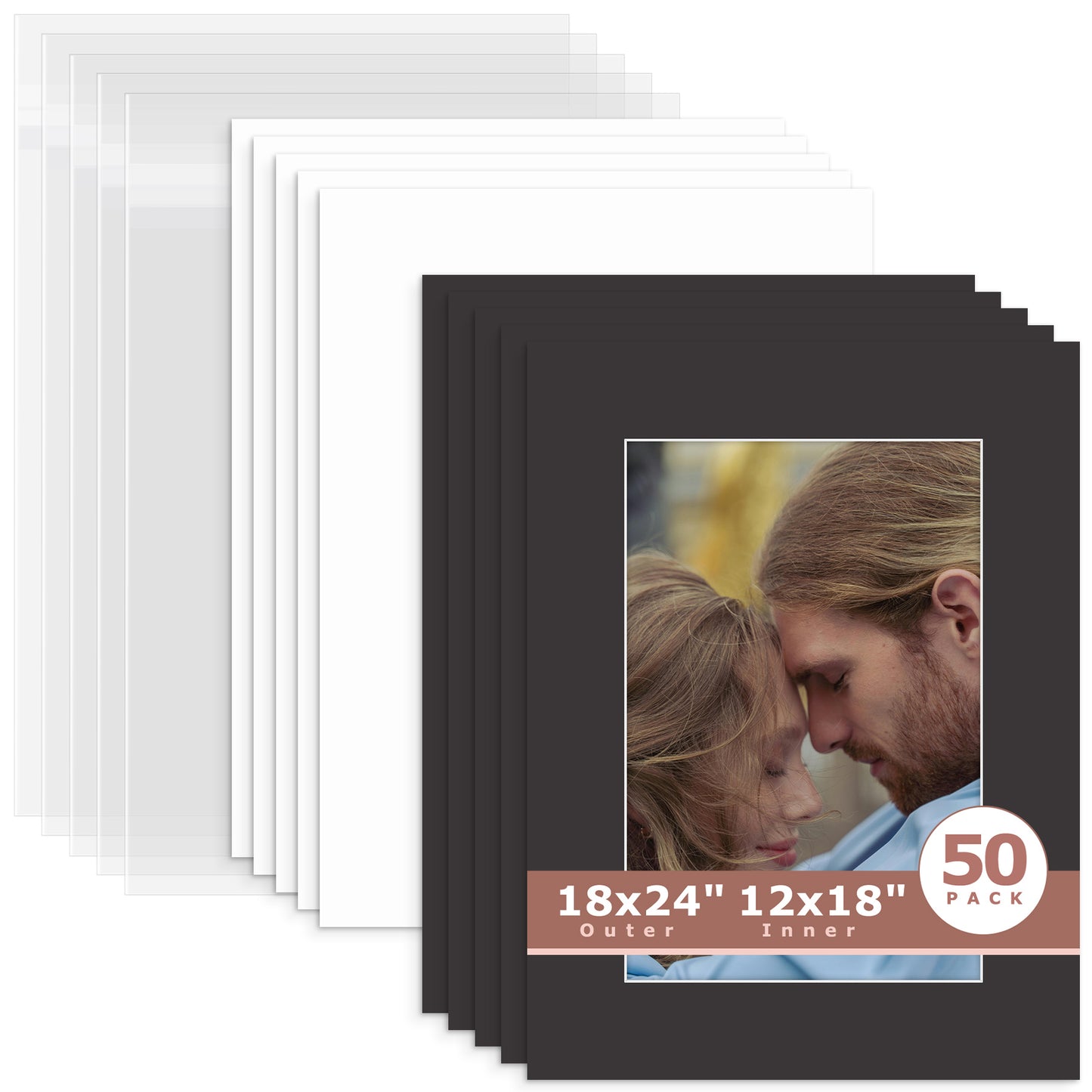 50 Pack 18x24 Whitecore Economy Pre-Cut Mat Board+ Backing + Bag 12x18 (11.5x17.5 exact opening) N142 Black