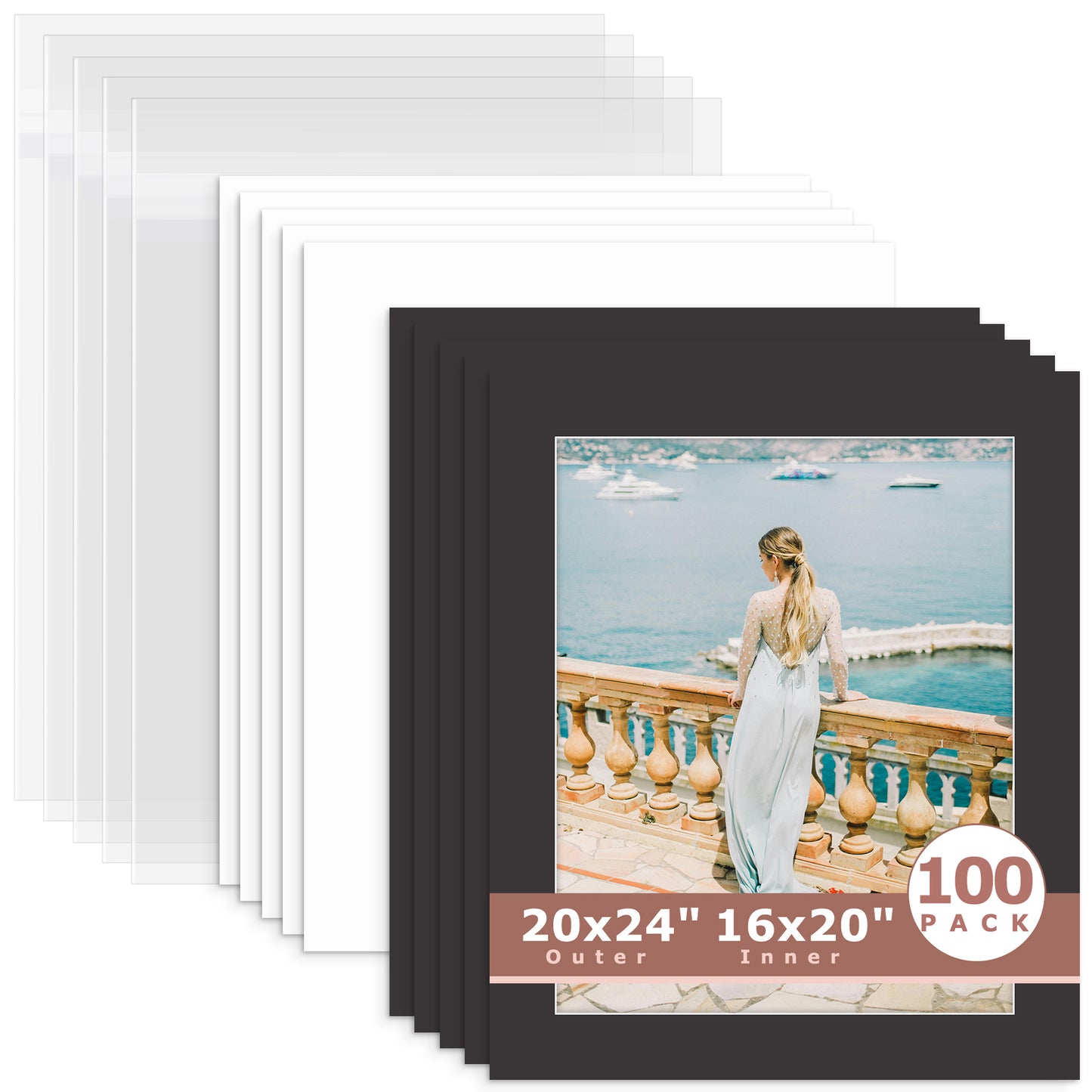 100 Pack 20x24 Whitecore Pre-Cut Mat Board for 16x20 Photo + Backing + Bag N142 Black