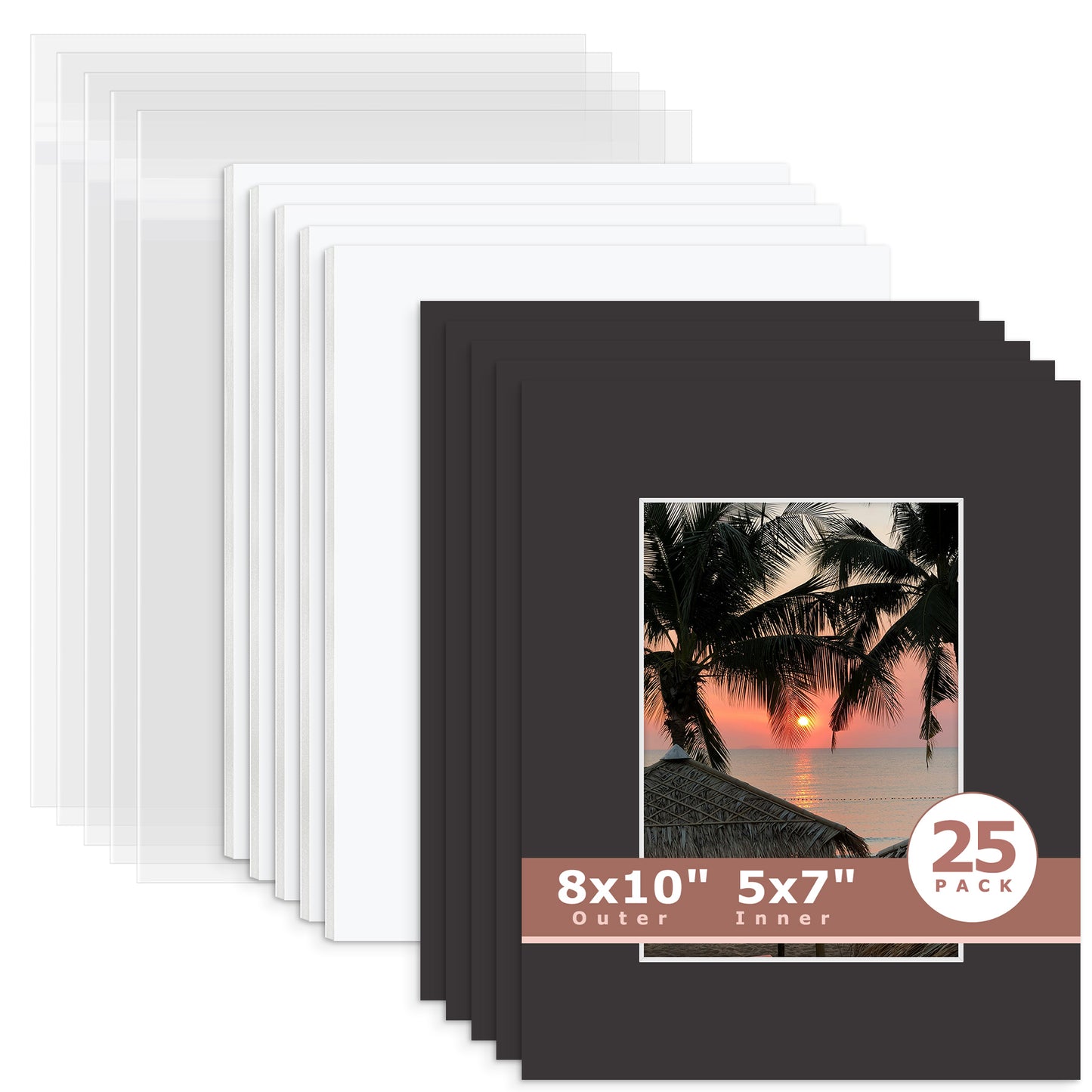 25 Pack 8x10 Economy Pre-Cut Mat Board + White Foam Board + Bag 5x7 (4.5x6.5 exact opening) N142 Tricom Black
