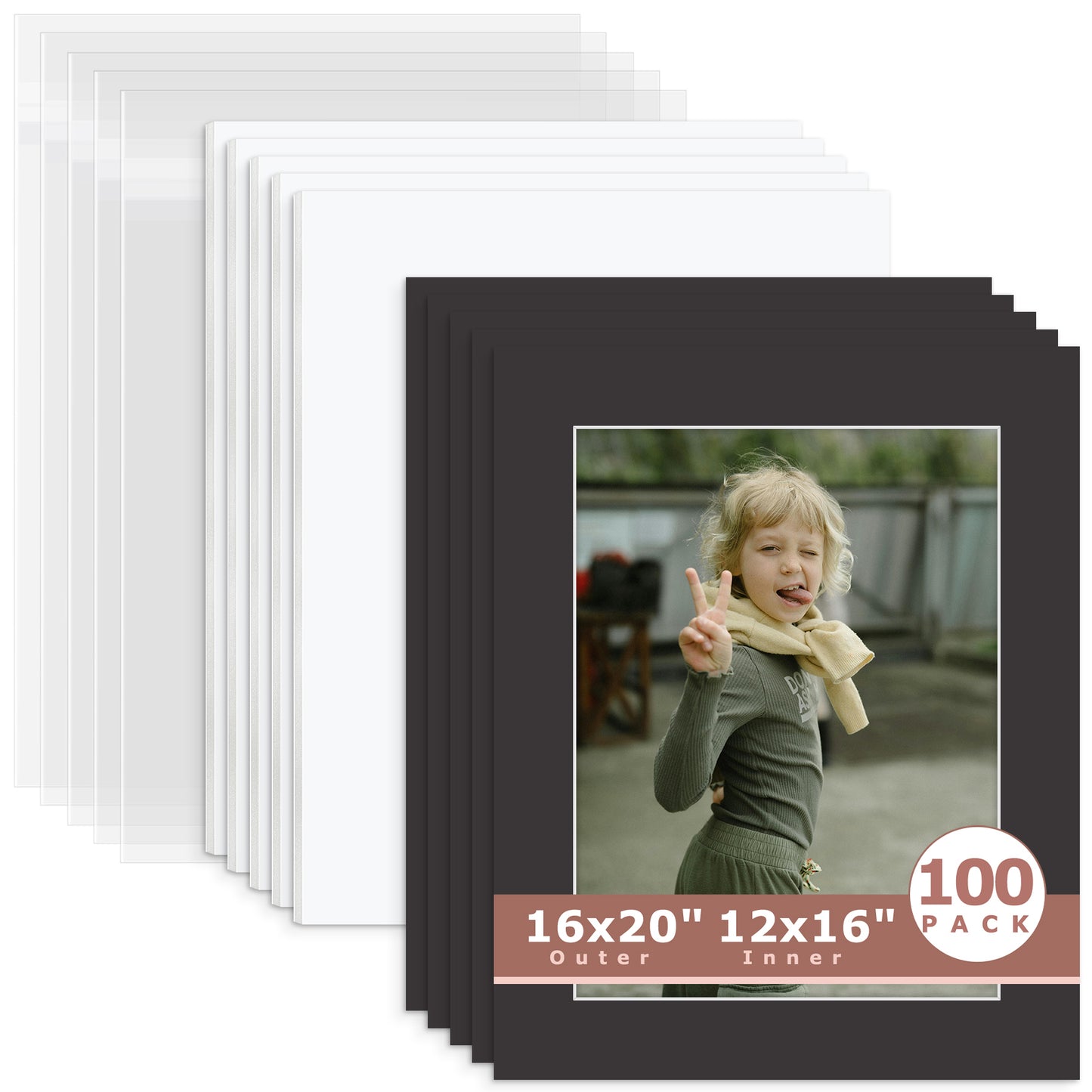 100 Pack 16x20 Whitecore Economy Pre-Cut Mat + White Foam Board + Bag 12x16 (exact opening 11.5x15.5) N142 Tricom Black