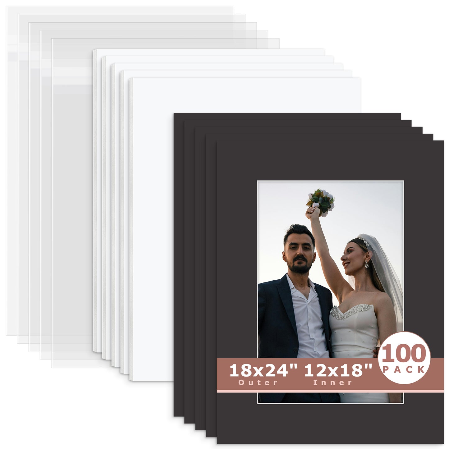 100 Pack 18x24 Economy Pre-Cut Mat Board + White Foam Board + Bag 12x18 (11.5x17.5 exact opening) N142 Black