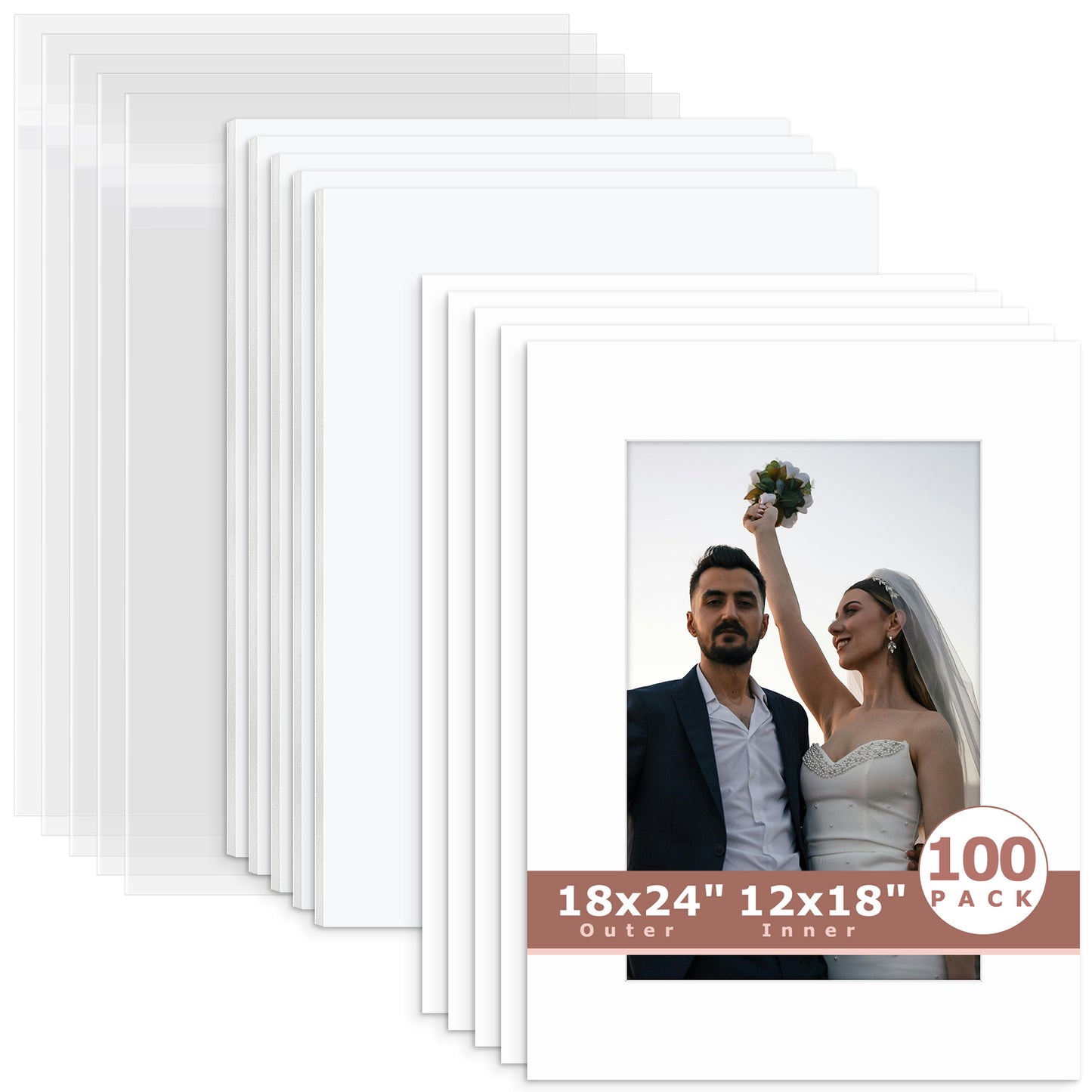100 Pack 18x24 Economy Pre-Cut Mat Board + White Foam Board + Bag 12x18 (11.5x17.5 exact opening) N501 White