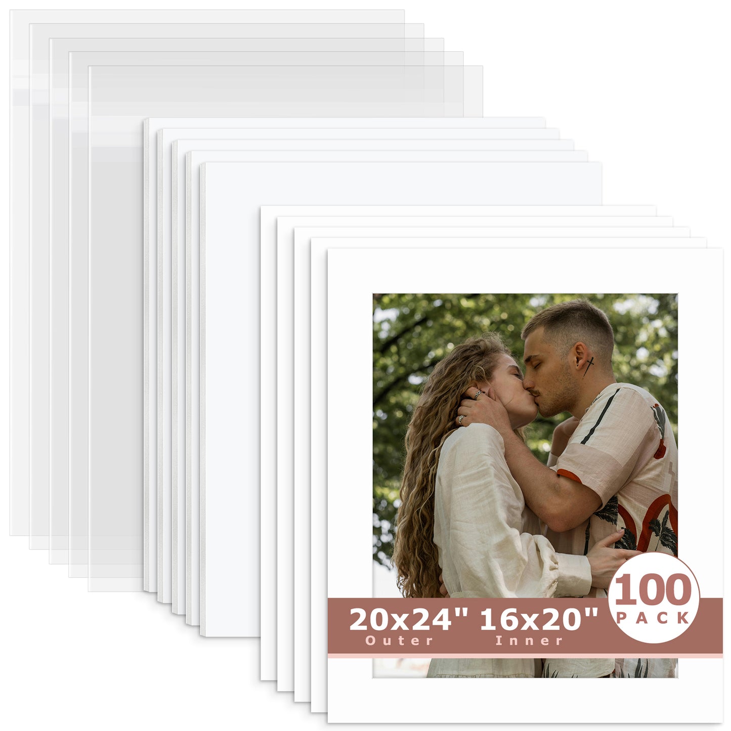 100 Pack 20x24 Whitecore Pre-Cut Mat Board for 16x20 Photo + White Foam Board + Bag N501 White