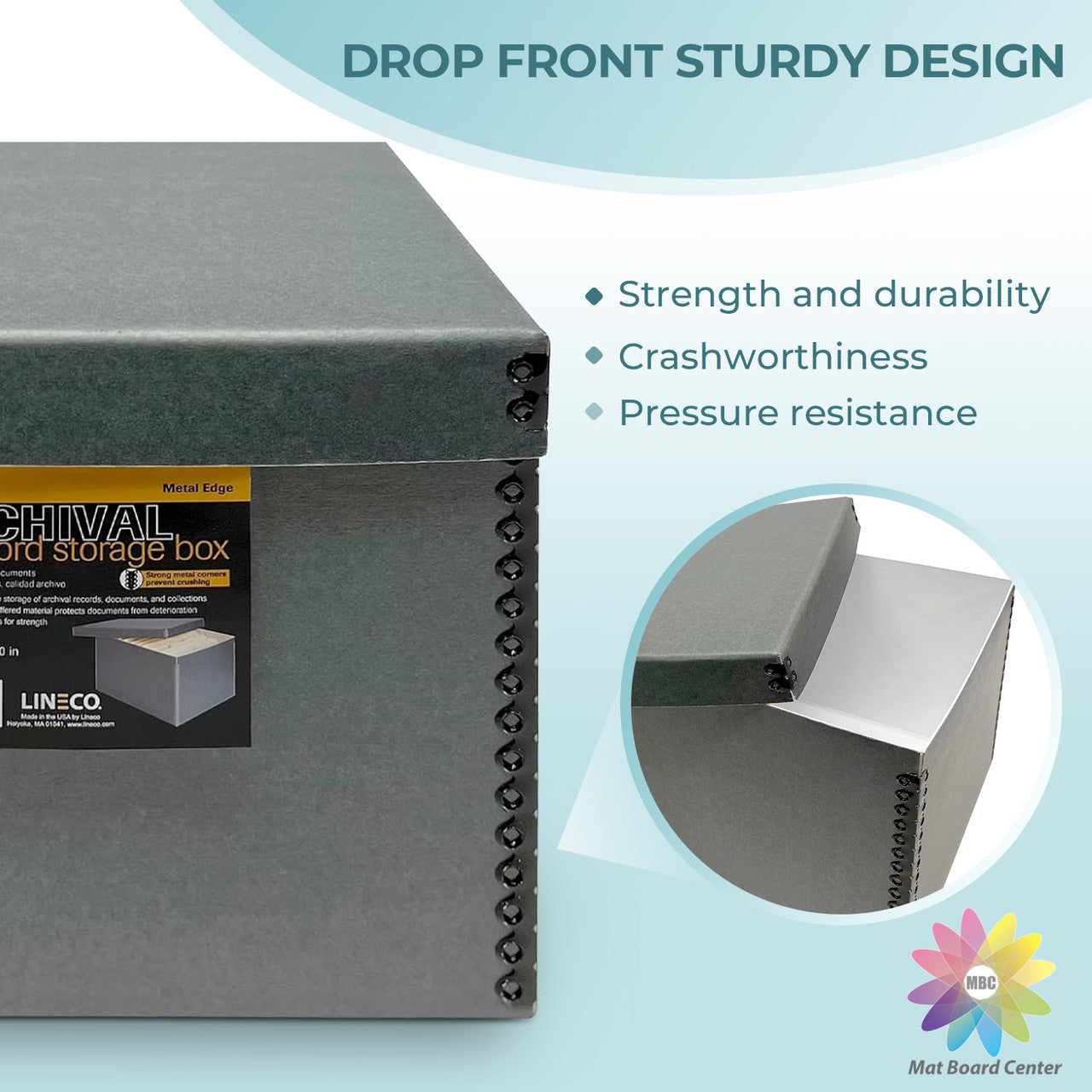 Lineco Blue/Gray Document Storage Box 12x15x10 Inches with Drop Front Design