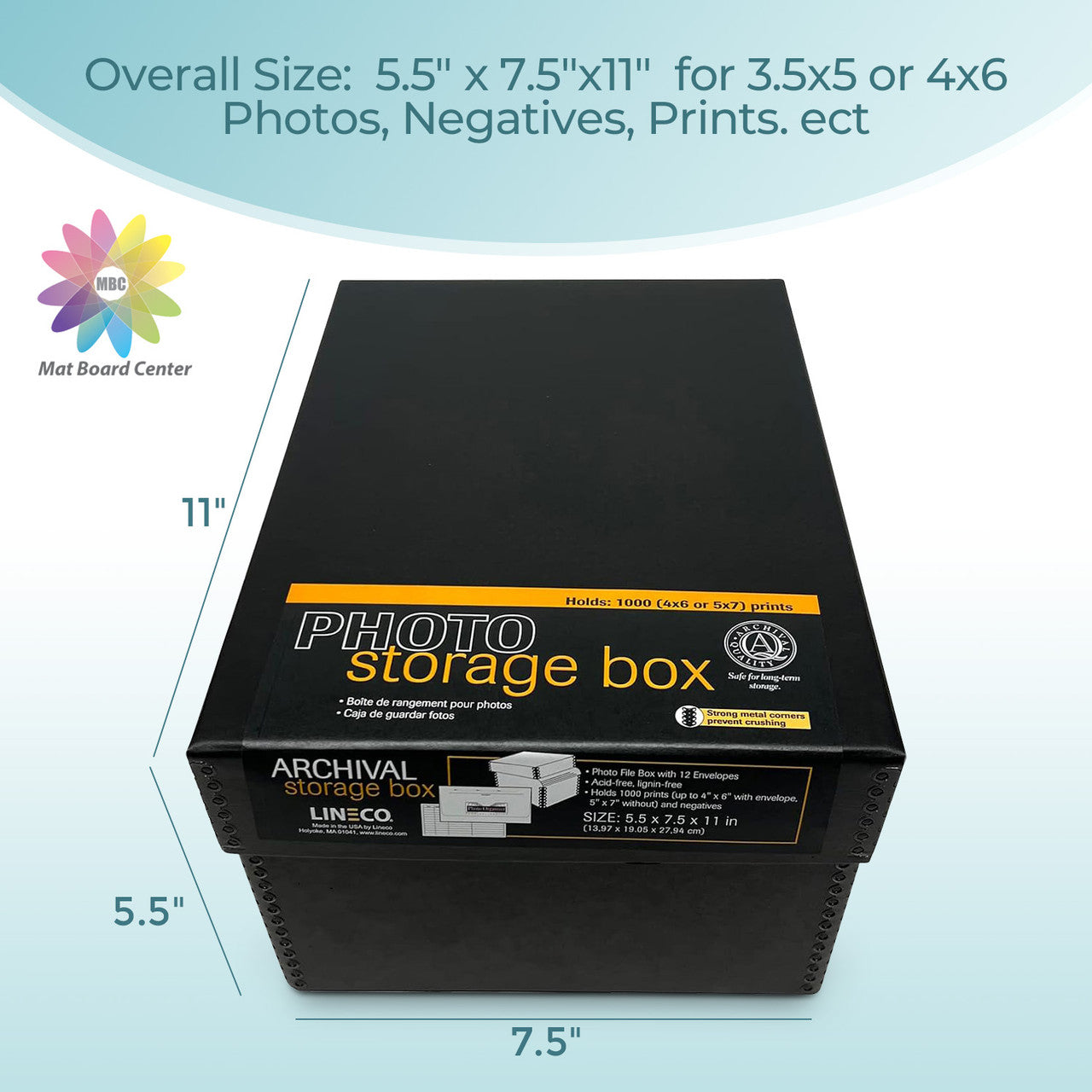 Lineco Photo Storage Box 11x7.5x5.5 Inches with Drop Front Design Black