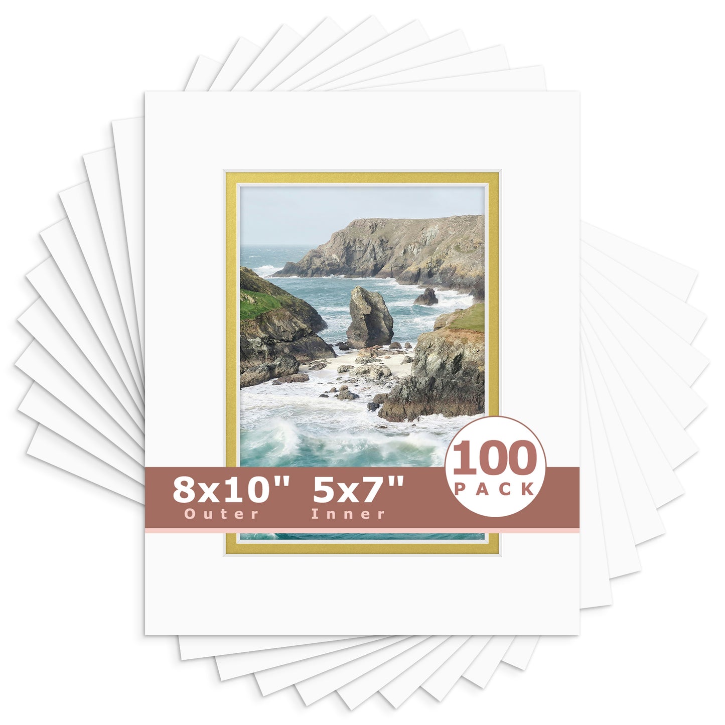 8x10 Double Mat For 5x7 Photos - Pack of 100 Off White Gold