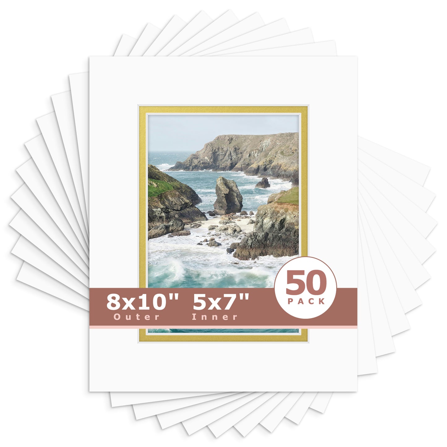 8x10 Double Mat For 5x7 Photos - Pack of 50 Off White Gold
