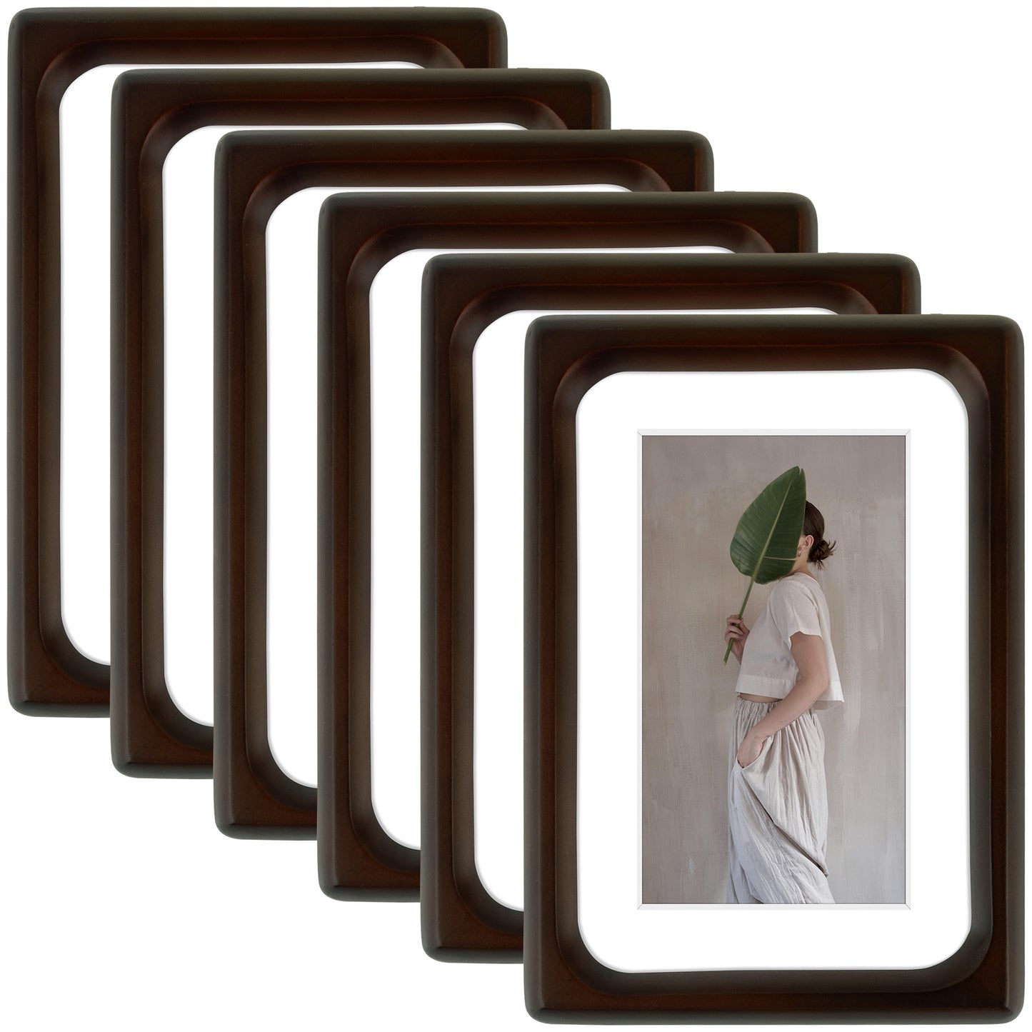 Rounded Corner 4x6 Wood Frame For 3x5 Photos With White Mat and Real Glass Brown (6 Pcs per Box)