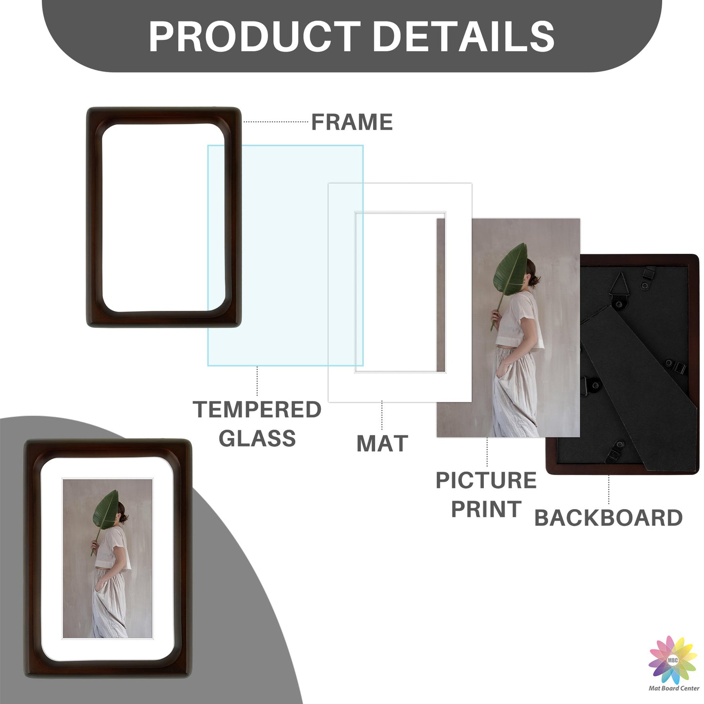 Rounded Corner 4x6 Wood Frame For 3x5 Photos With White Mat and Real Glass Brown (6 Pcs per Box)