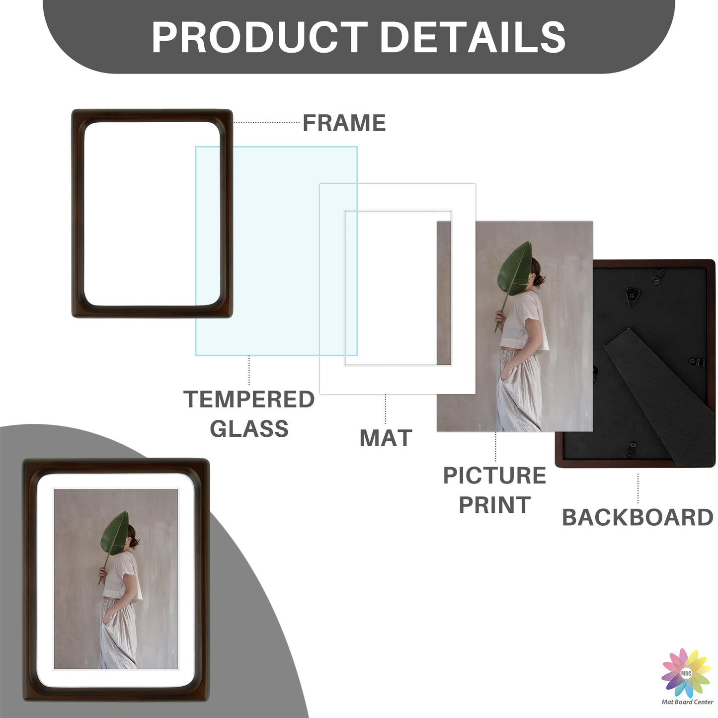 Rounded Corner 6x8 Wood Frame For 5x7 Photos With White Mat and Real Glass Brown (6 Pcs per Box)