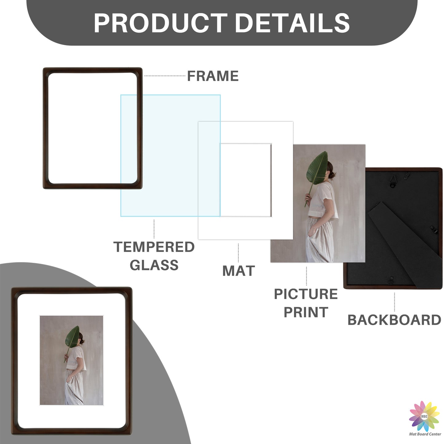 Rounded Corner 8x10 Wood Frame For 5x7 Photos With White Mat and Real Glass Brown (6 Pcs per Box)