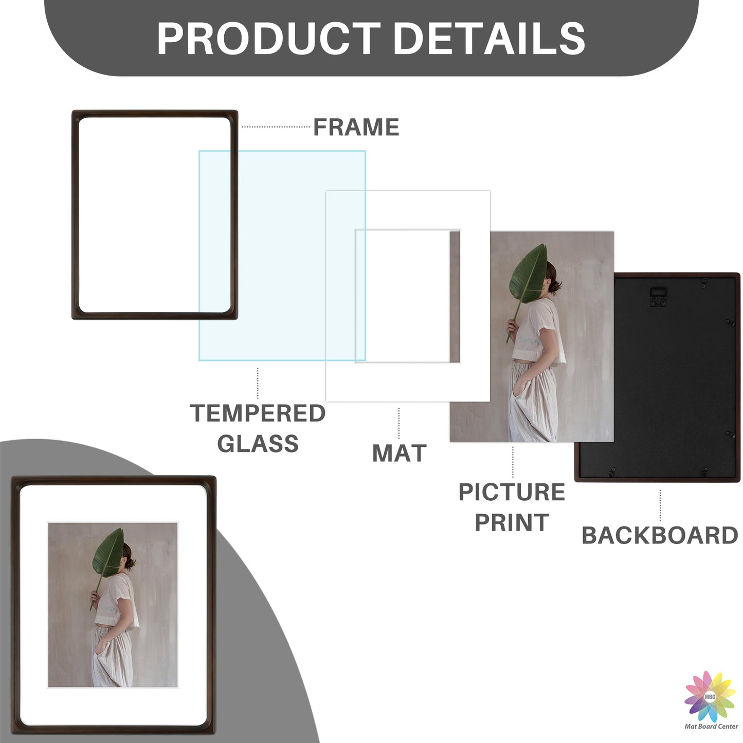 Rounded Corner 11x14 Wood Frame For 8x10 Photos With White Mat and Real Glass Brown (6 Pcs per Box)
