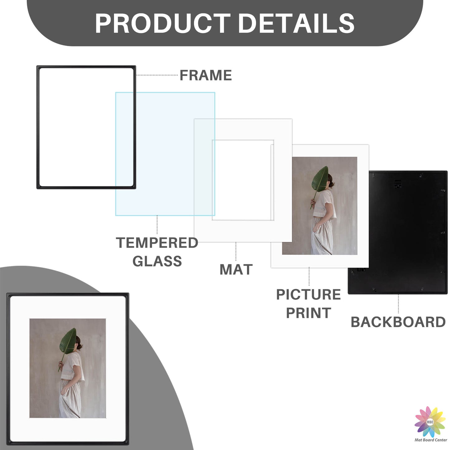 Clearance Rounded Corner 16x20 Wood Frame For 11x14 Photos With White Mat and Real Glass Black (6 Pcs Per Box)