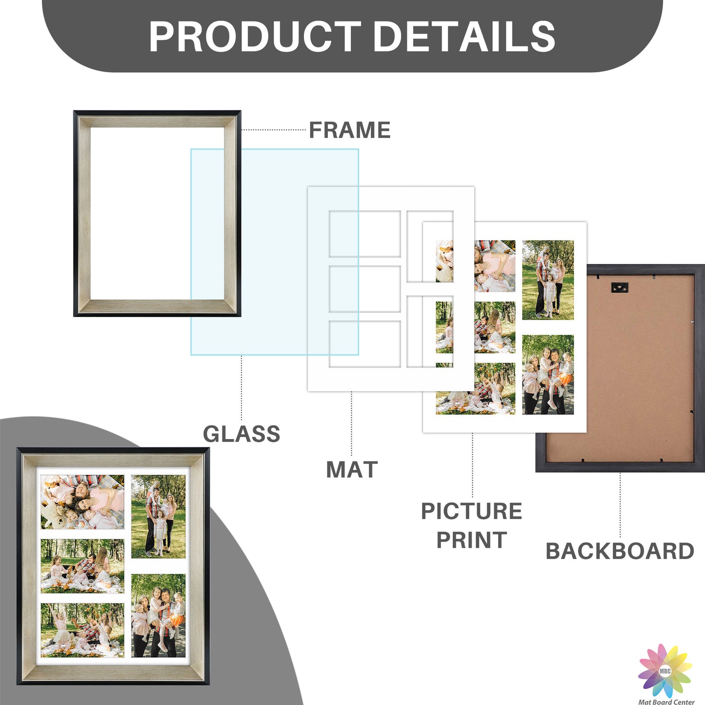 11x14 Collage Picture Frame Displays Five 4x6 Pictures Black/Silver Color (8 Pcs per Box)