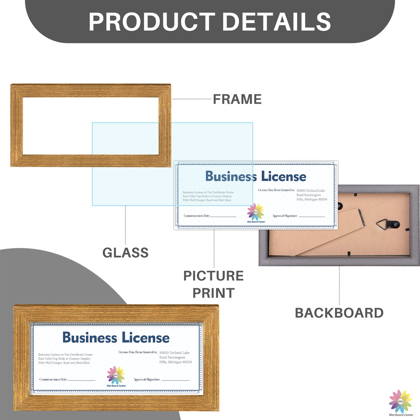 4x9 Frame for 4x9 Business License/Certificates Gold Color (10 Pcs per Box)