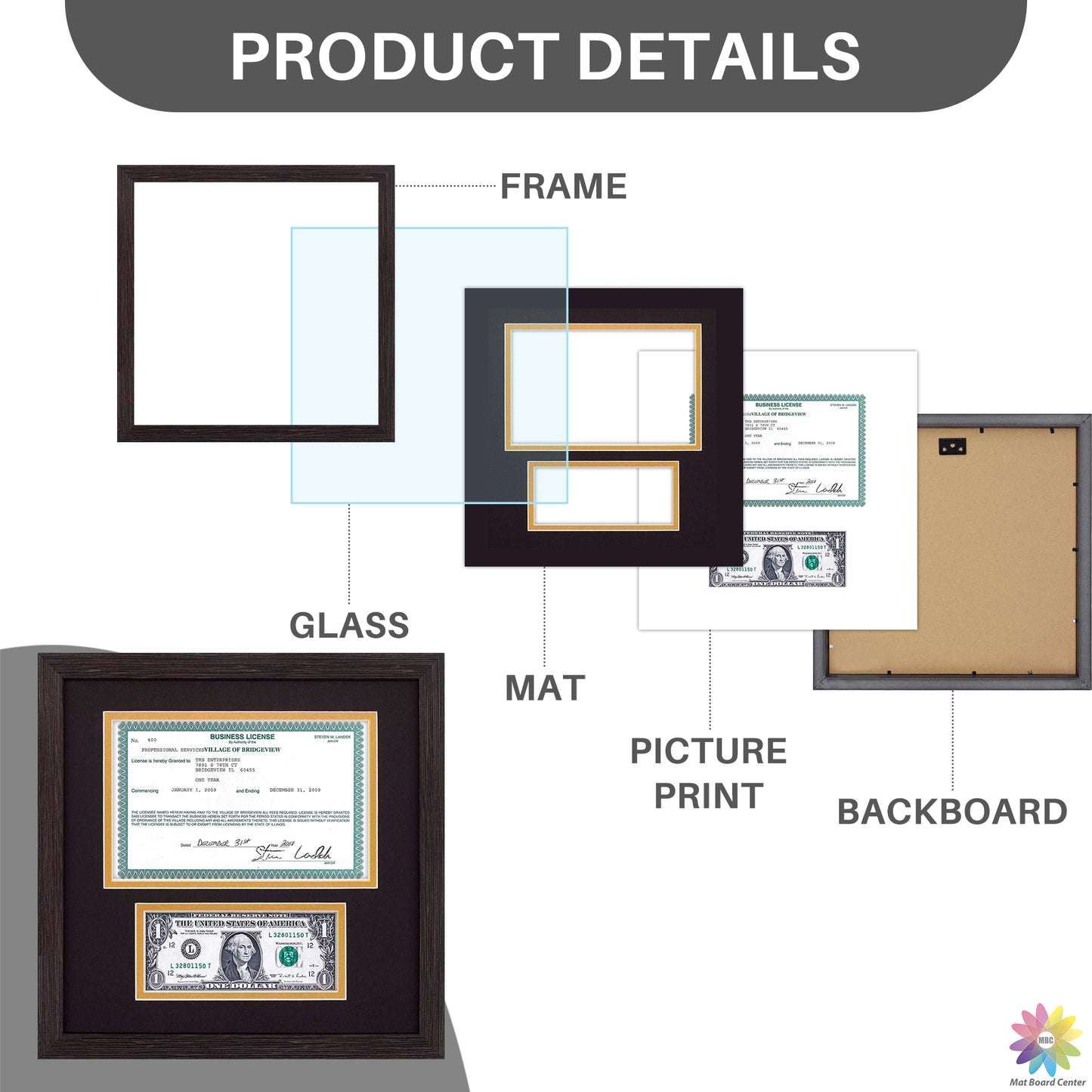 10.5x10.5 Picture Frame with 2 Openings Fits A 5.5x8.5 Business License and Dollar Bill(10 Pcs per Box)
