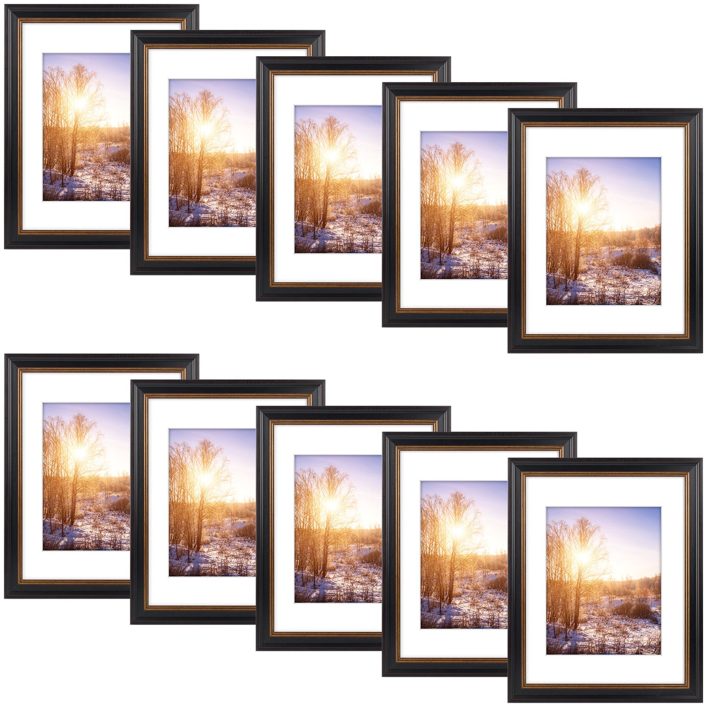 11x14 Picture Frame with White Mat for 8x10 Pictures Black with Burgundy and Gold Trim (10 Pcs per Box)