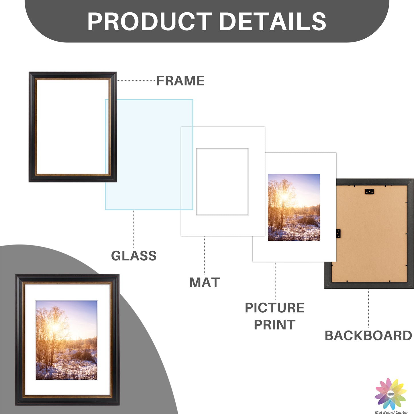 11x14 Picture Frame with White Mat for 8x10 Pictures Black with Burgundy and Gold Trim (10 Pcs per Box)