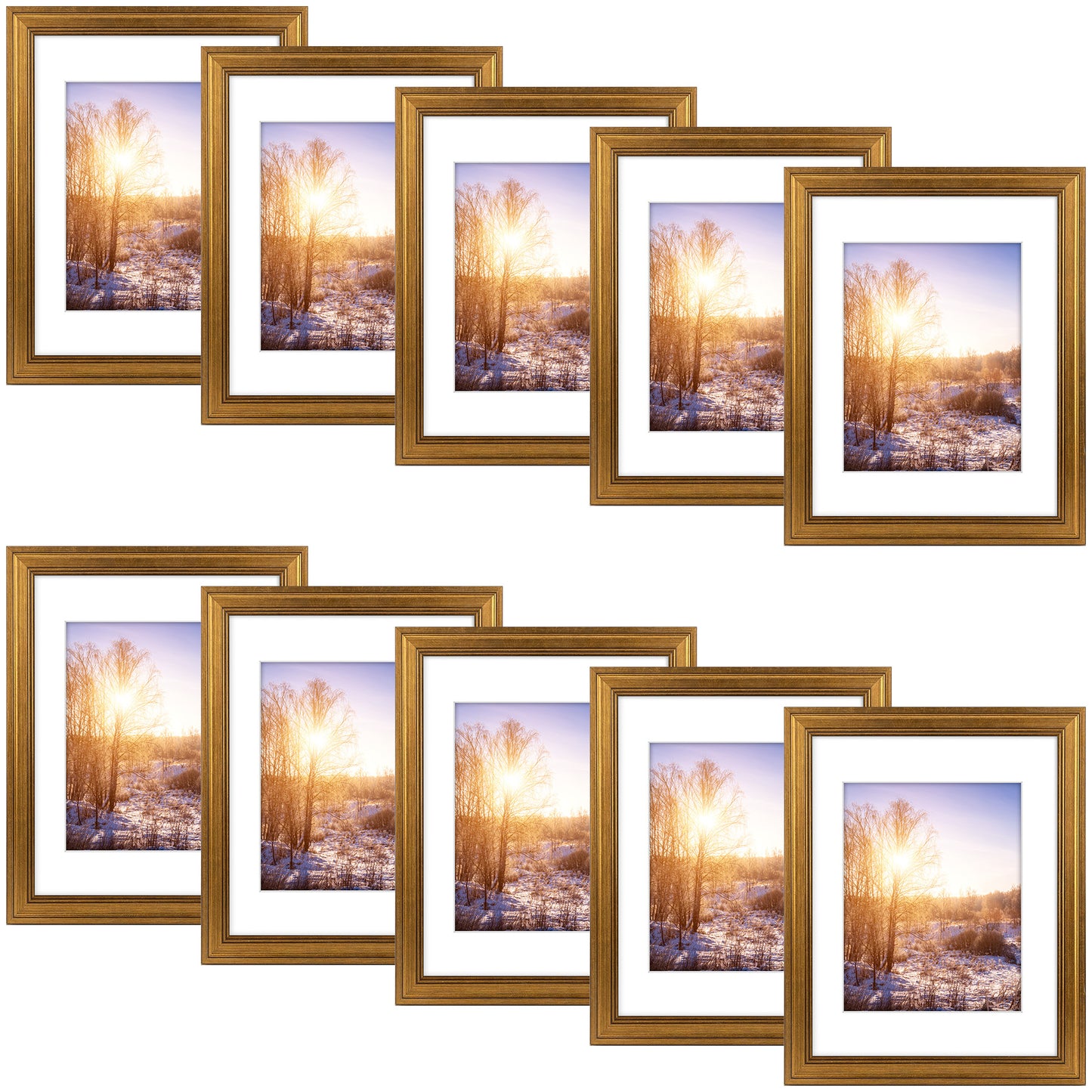 11x14 Picture Frame for 8x10 Picture with White Mat and Real Glass Dark Gold Color (10 Pcs per Box)