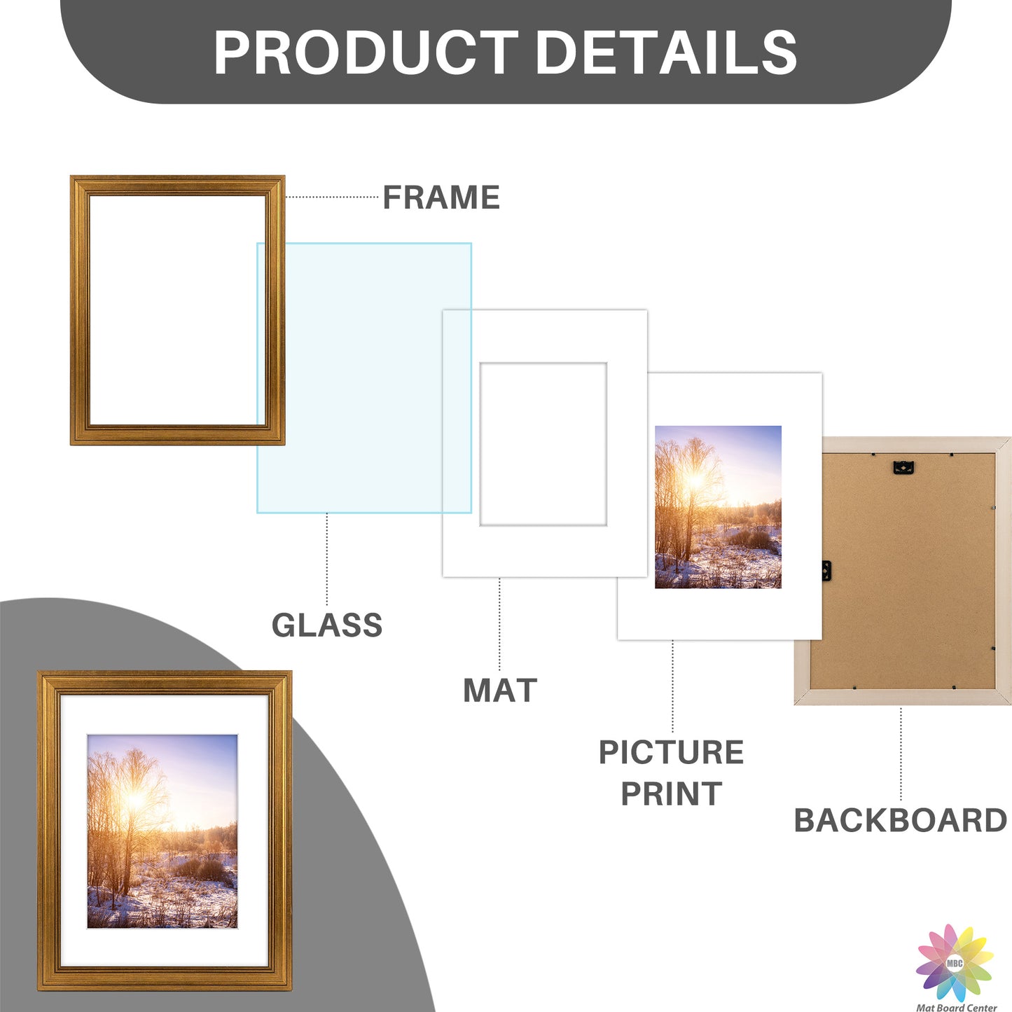 11x14 Picture Frame for 8x10 Picture with White Mat and Real Glass Dark Gold Color (10 Pcs per Box)