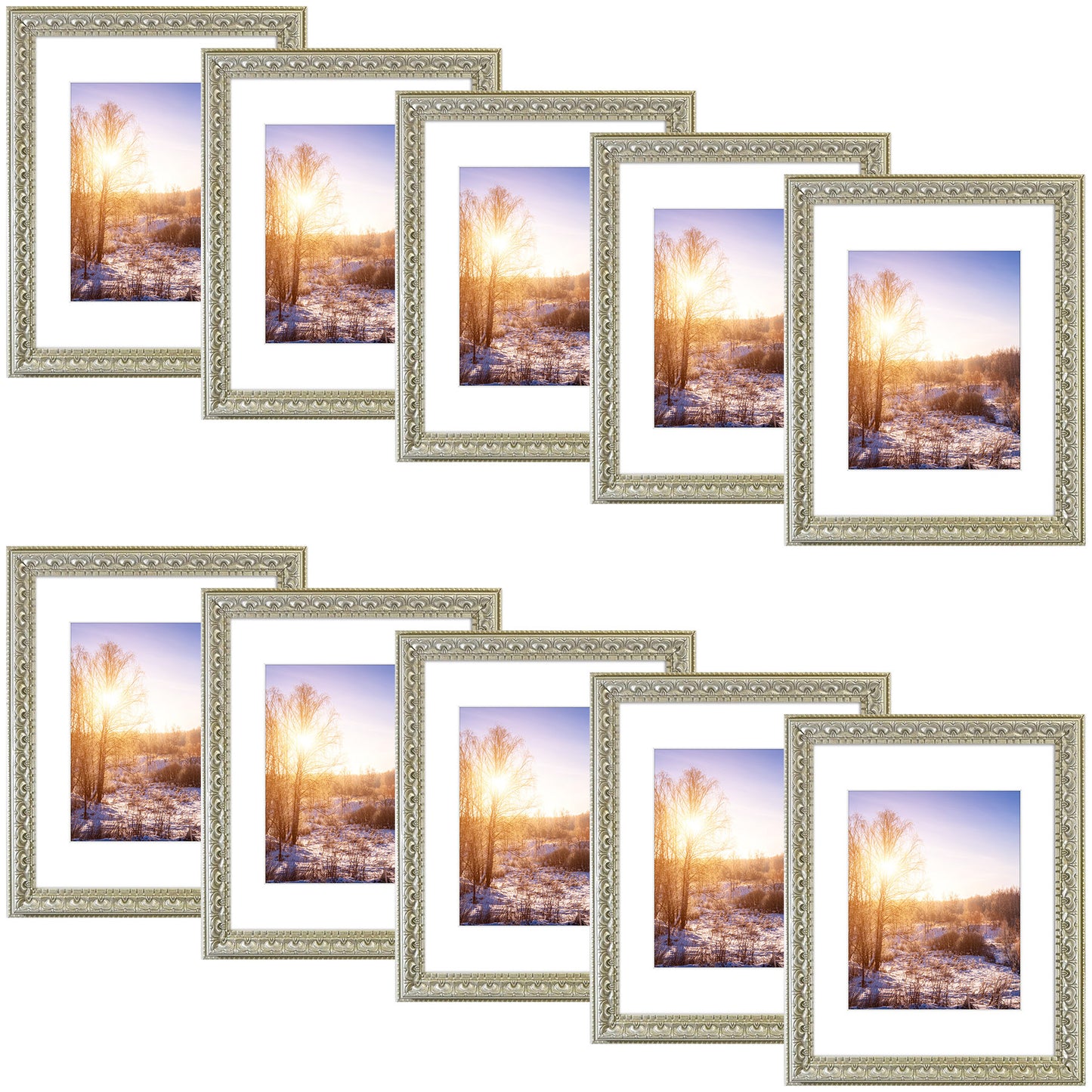 11x14 Ornate Picture Frame for 8x10 Photo with White Mat and Real Glass Silver Beige Color (10 Pcs per Box)