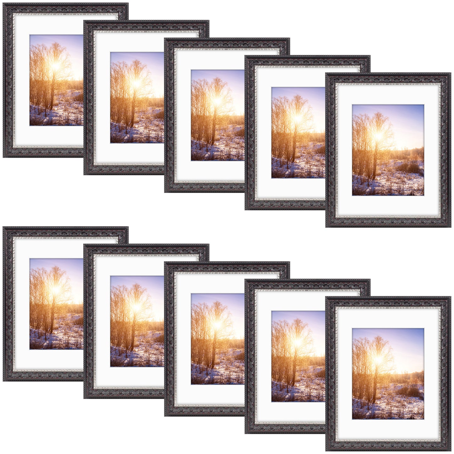11x14 Ornate Picture Frame With White Mat For 8x10 Pictures Black With Silver & Burgundy (10 Pcs per Box)